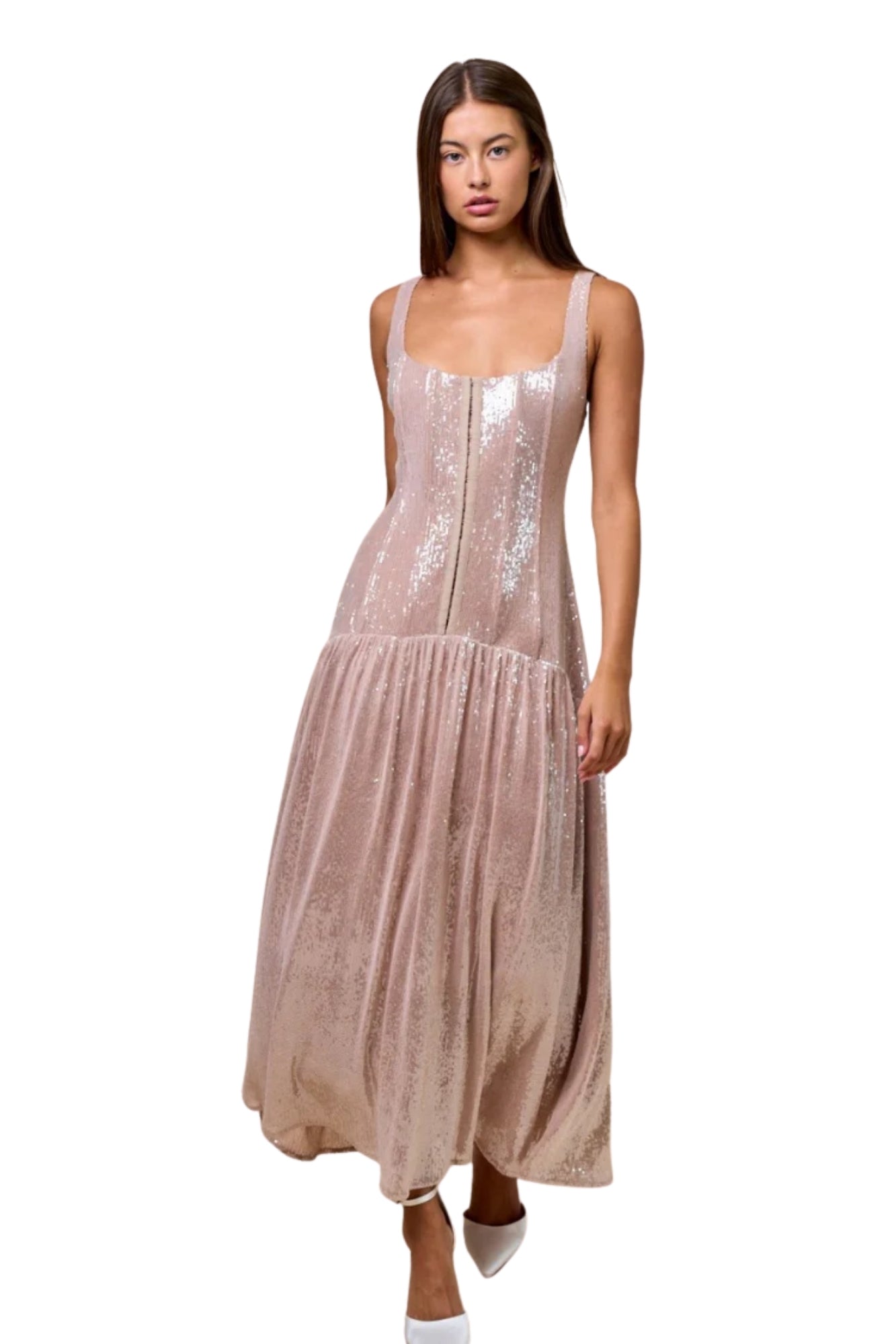 FRONT HOOK TAUPE MAXI DRESS