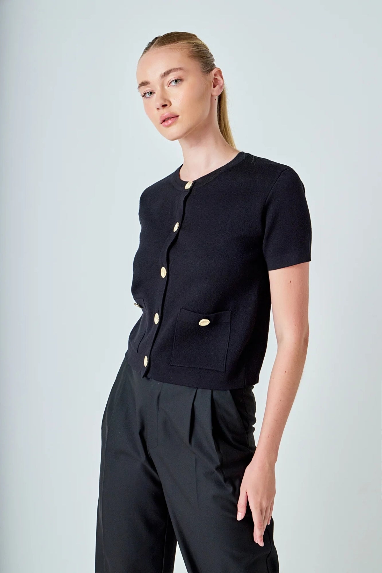 SHORT SLEEVE BUTTON UP BLACK CARDIGAN