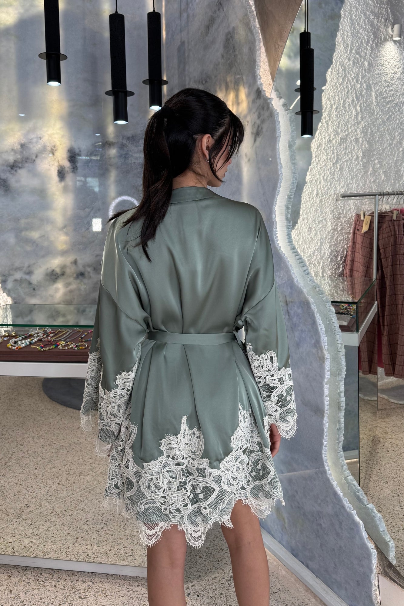 SCALLOPED BELIZE LACE KIMONO SLEEVE ROBE DRESS