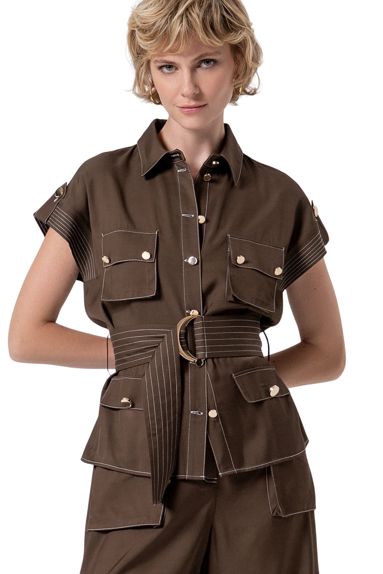 SLEEVELESS JACKET WITH SEPARATE SASH BELT IN BROWN