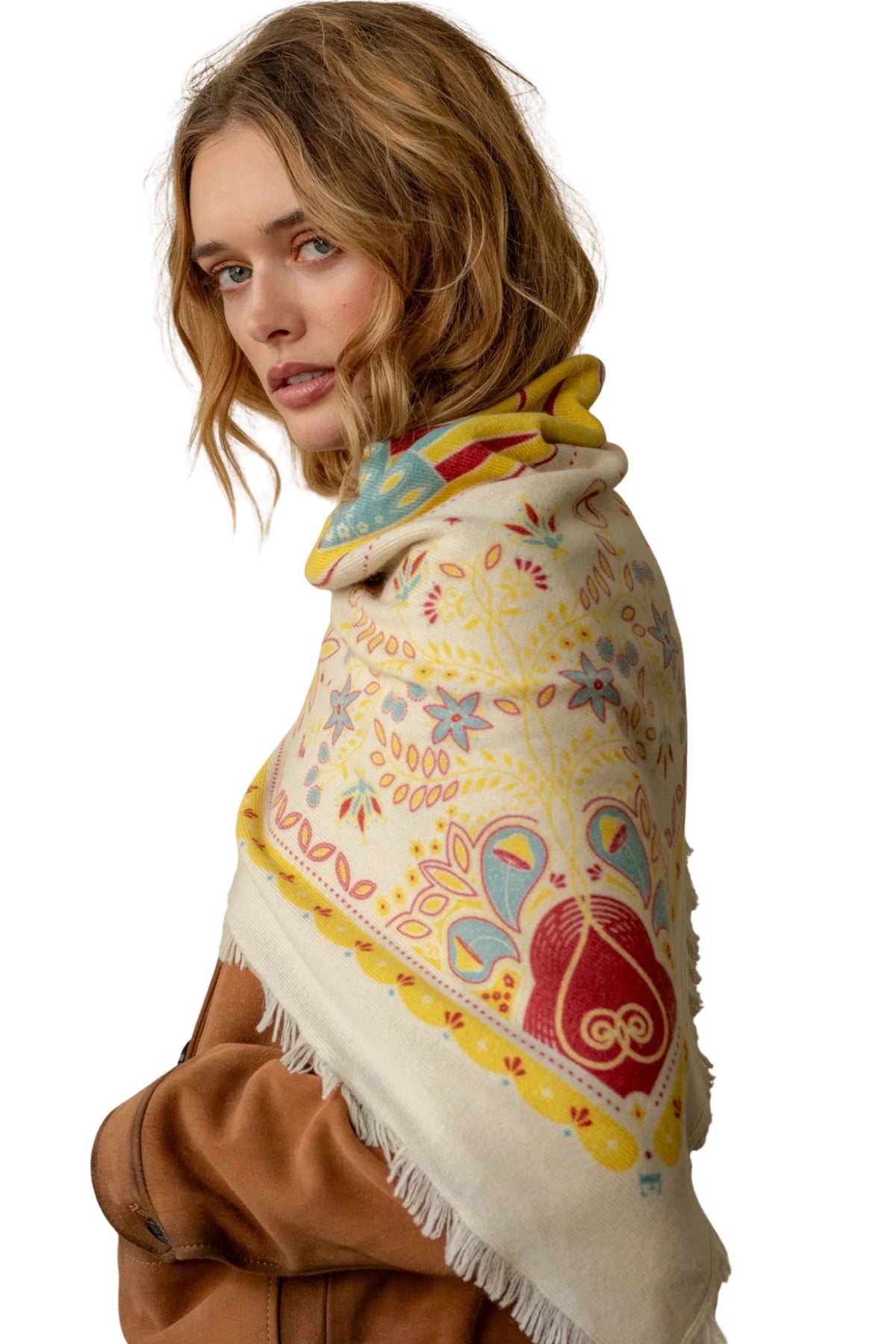 CELESTIAL BIRD CASHMERE BANDANA SWEATER WRAP IN TEAL BUTTE