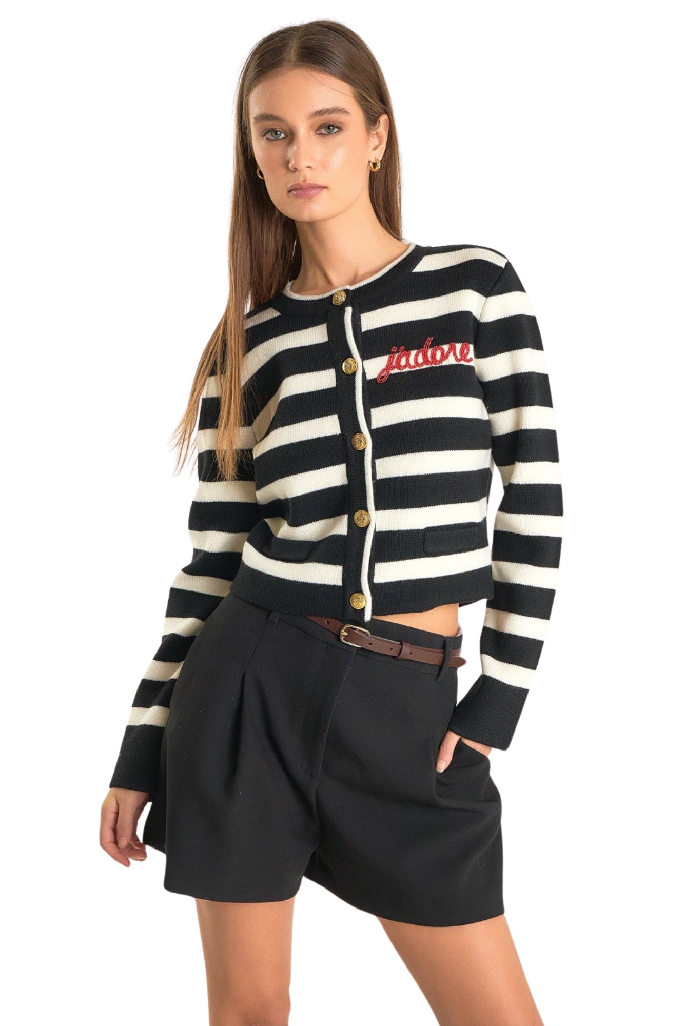 J'ADORE BEADED BLACK AND WHITE CARDIGAN