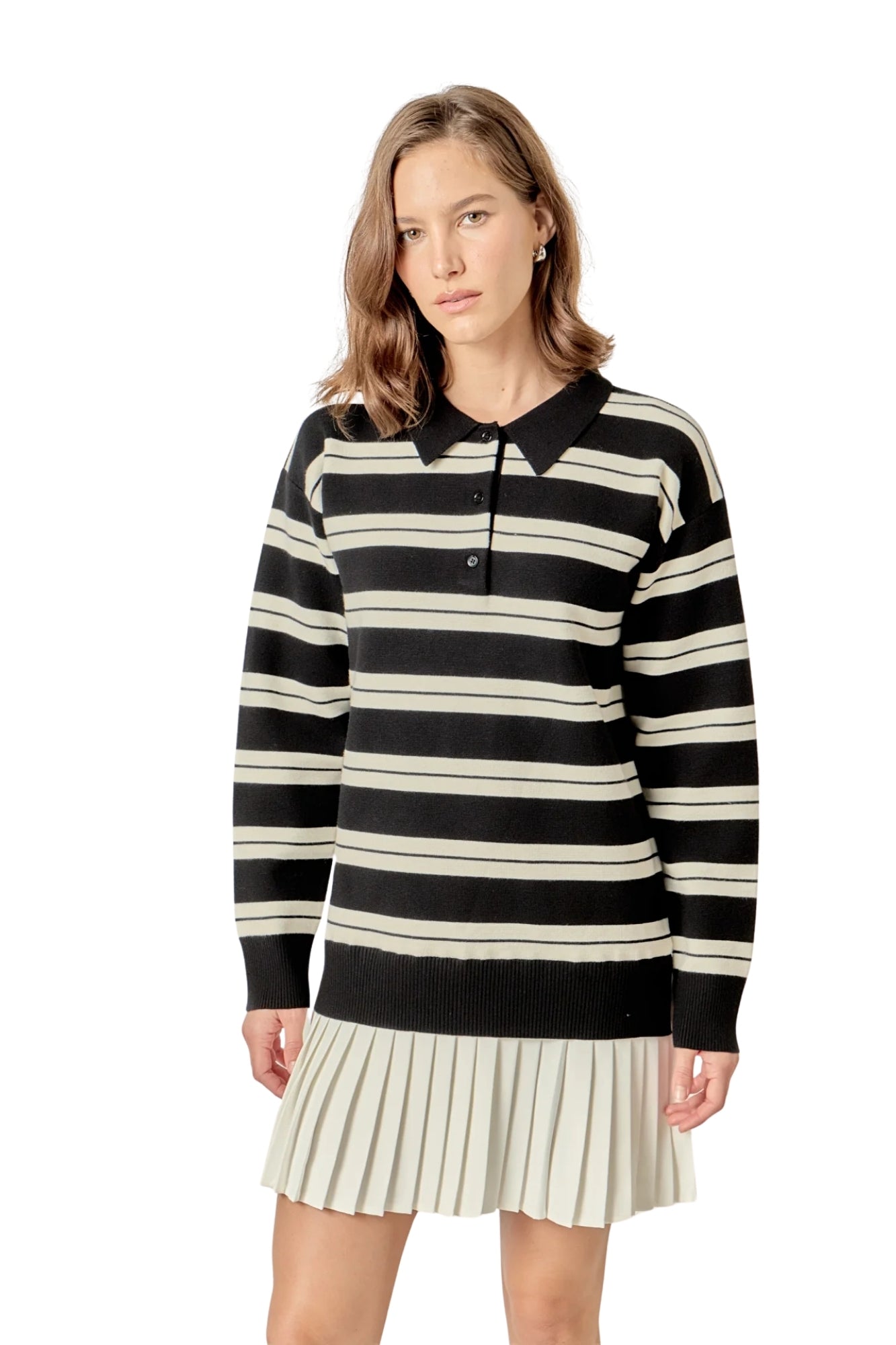 STRIPE POLO MIXED MEDIA MINI BLACK AND CREAM DRESS