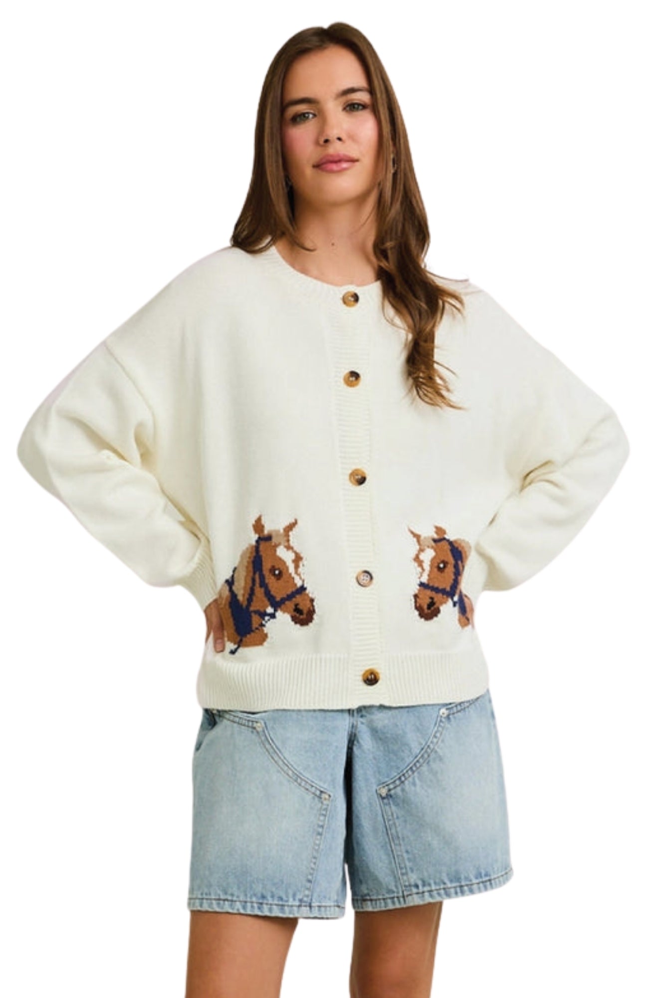 HORSE GRAPHIC LONG SLEEVE ROUND NECK CARDIGAN