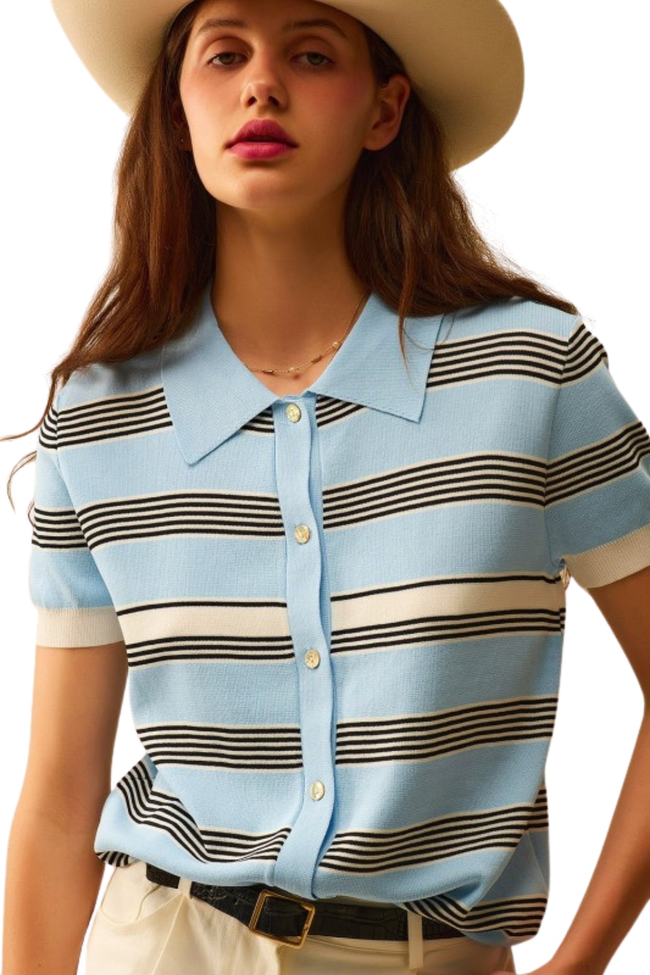 BABY BLUE STRIPED BUTTON UP POLO