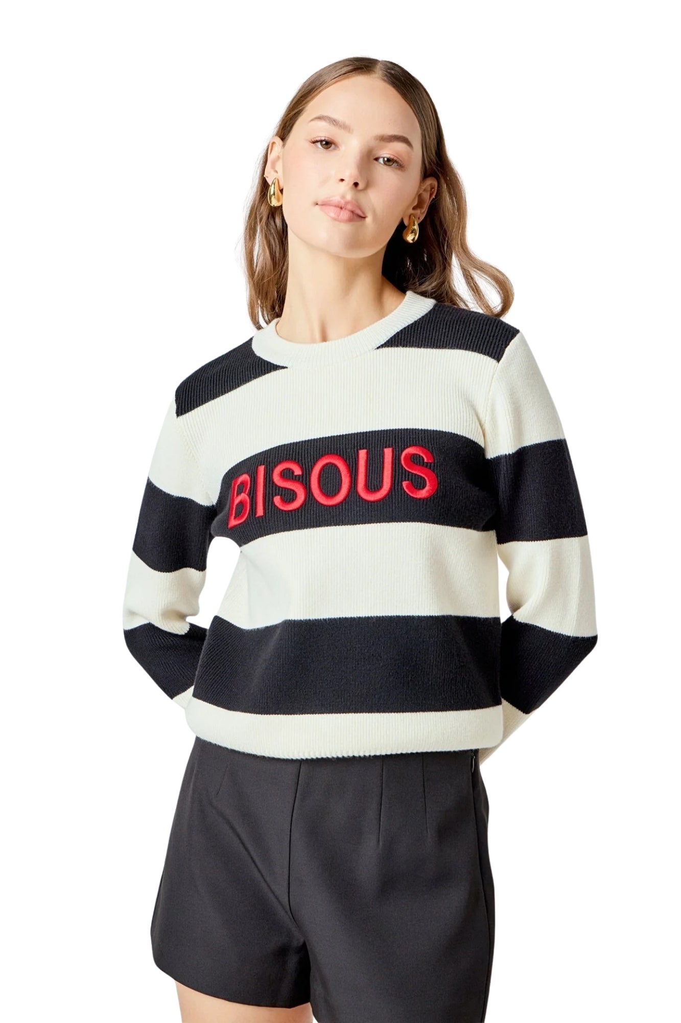 BISOUS STRIPED BLACK CREAM SWEATER