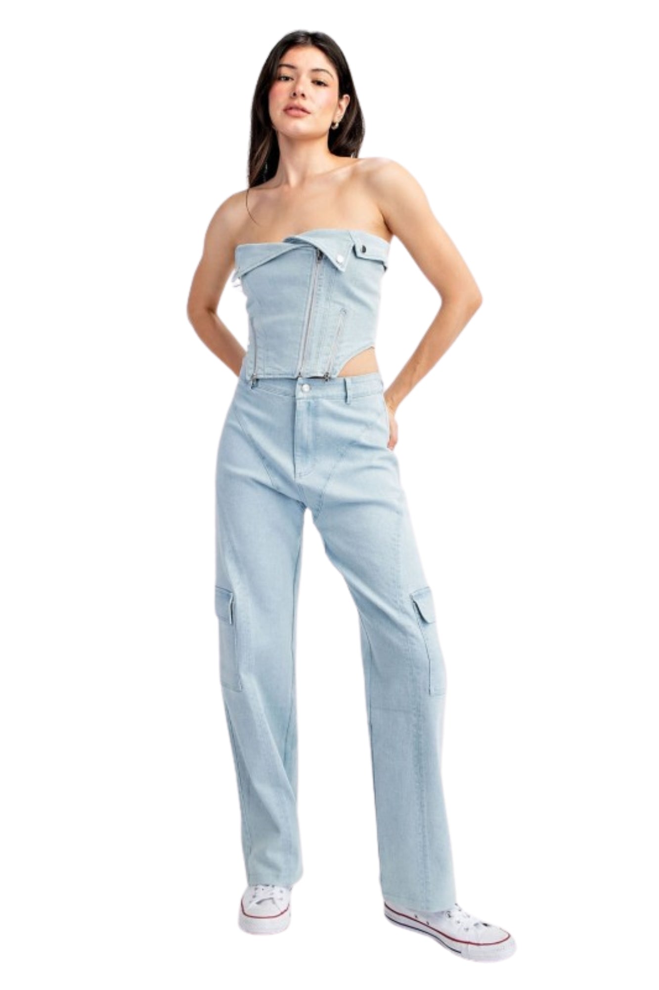 STRAPLESS STRETCH DENIM LIGTH BLUE SET