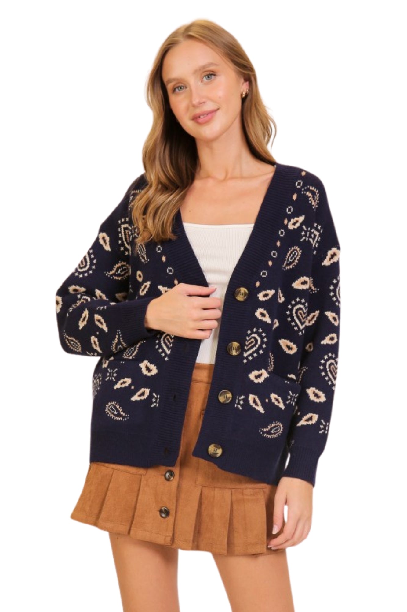 BANDANA KNIT NAVY BUTTON UP CARDIGAN