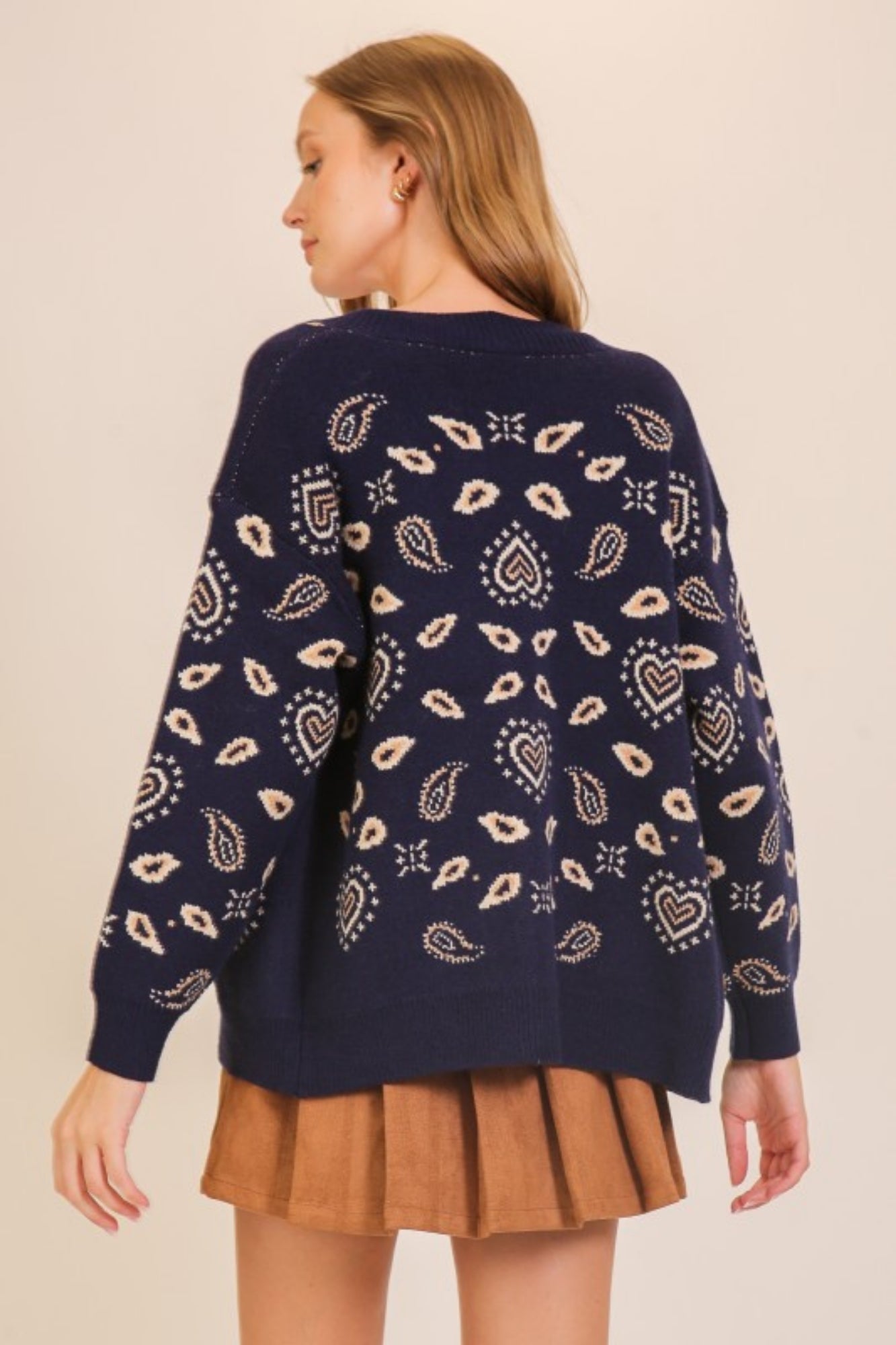 BANDANA KNIT NAVY BUTTON UP CARDIGAN