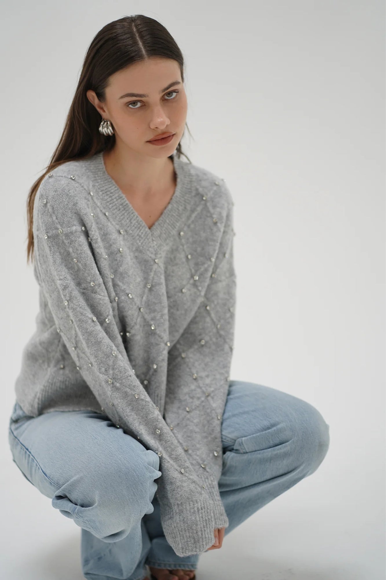 NOMA RHINESTONE SILVER GREY SWEATER