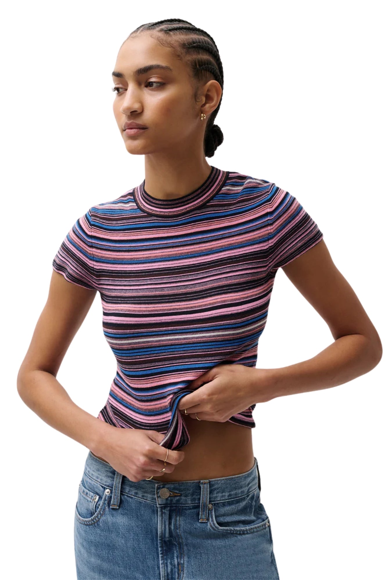 SELENE SHORT SLEEVE SWEATER TEE IN EGYPTIAN BLUE MULTI STRIPE