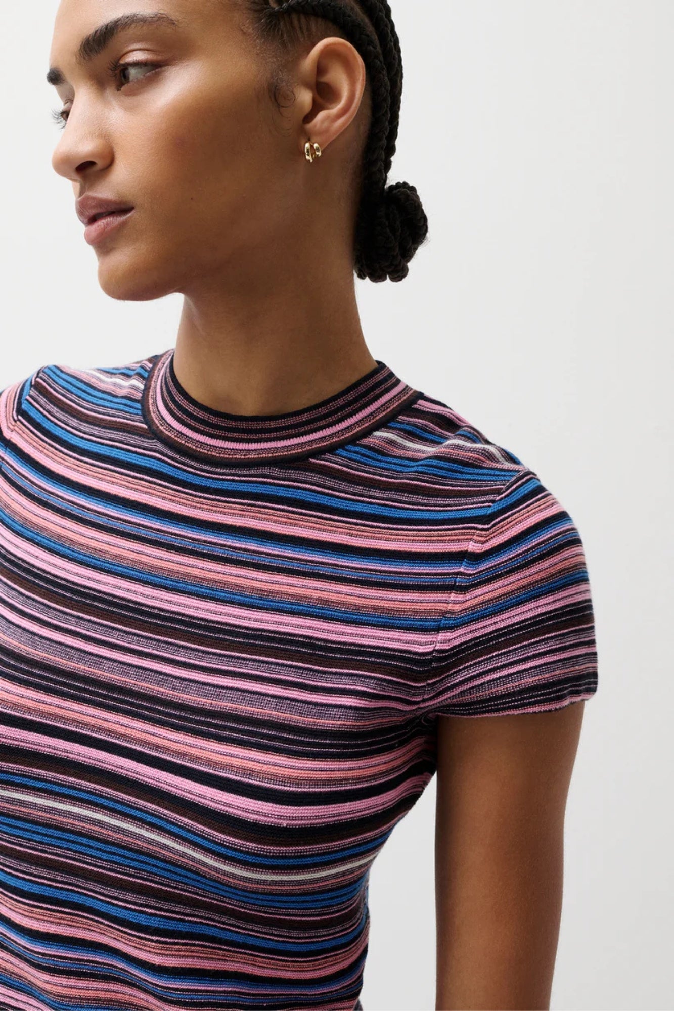 SELENE SHORT SLEEVE SWEATER TEE IN EGYPTIAN BLUE MULTI STRIPE