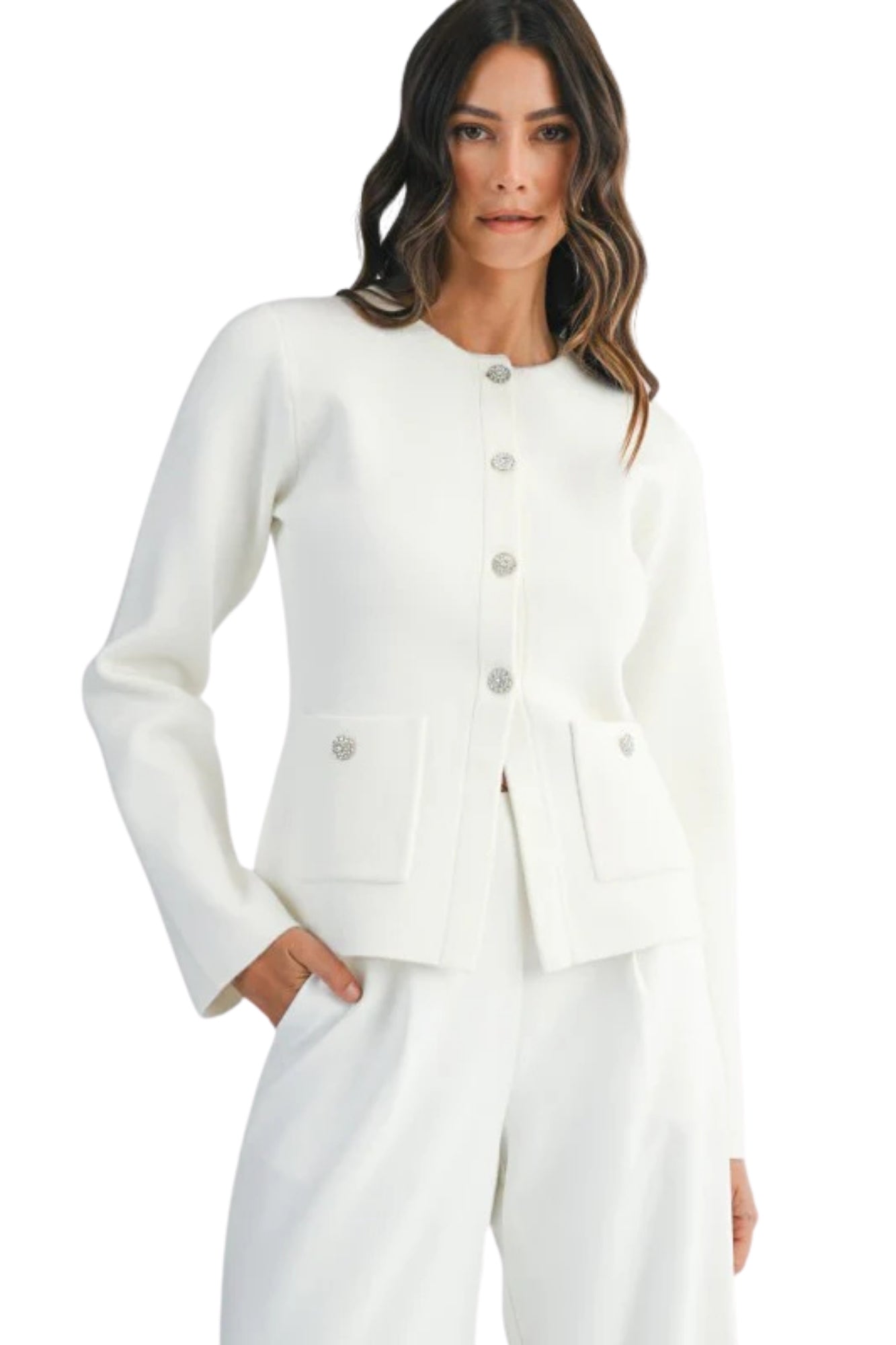 KNIT FRONT JEWEL WHITE CARDIGAN