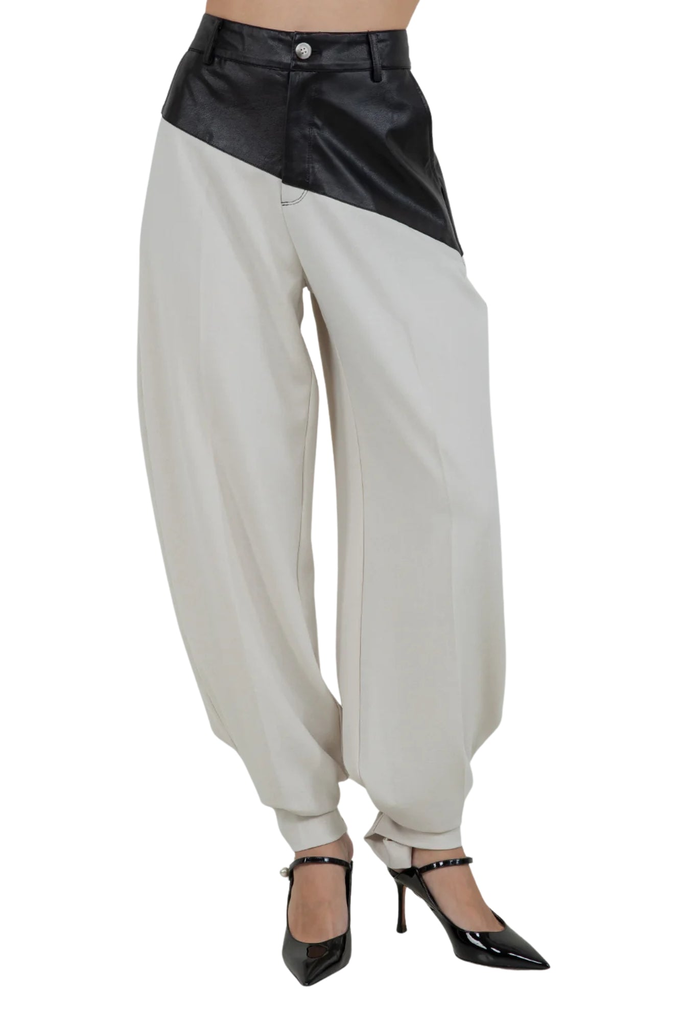 FAUX PU LEATHER COMBO TROUSERS WITH ADJUSTABLE BOTTOM