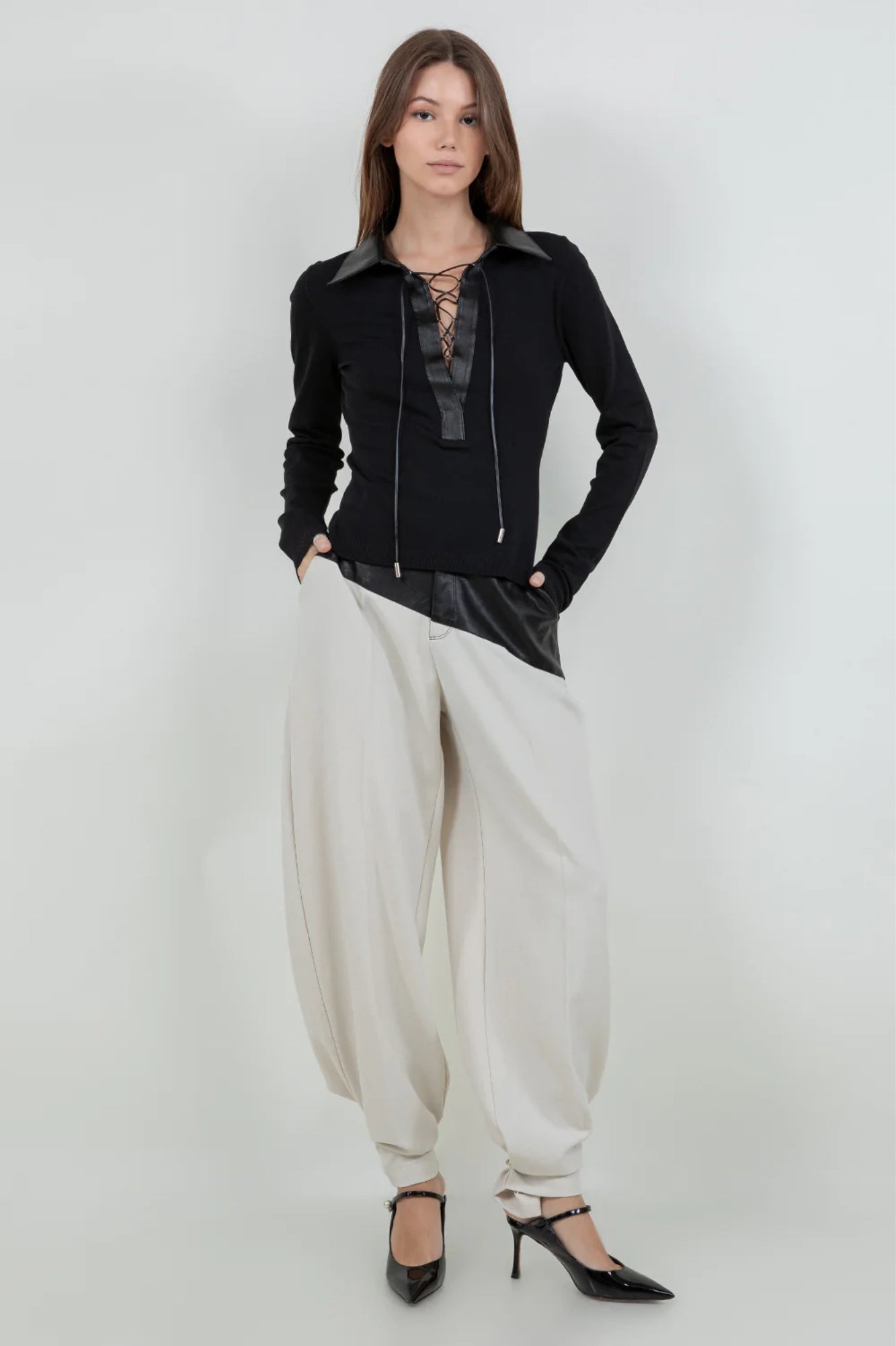 FAUX PU LEATHER COMBO TROUSERS WITH ADJUSTABLE BOTTOM