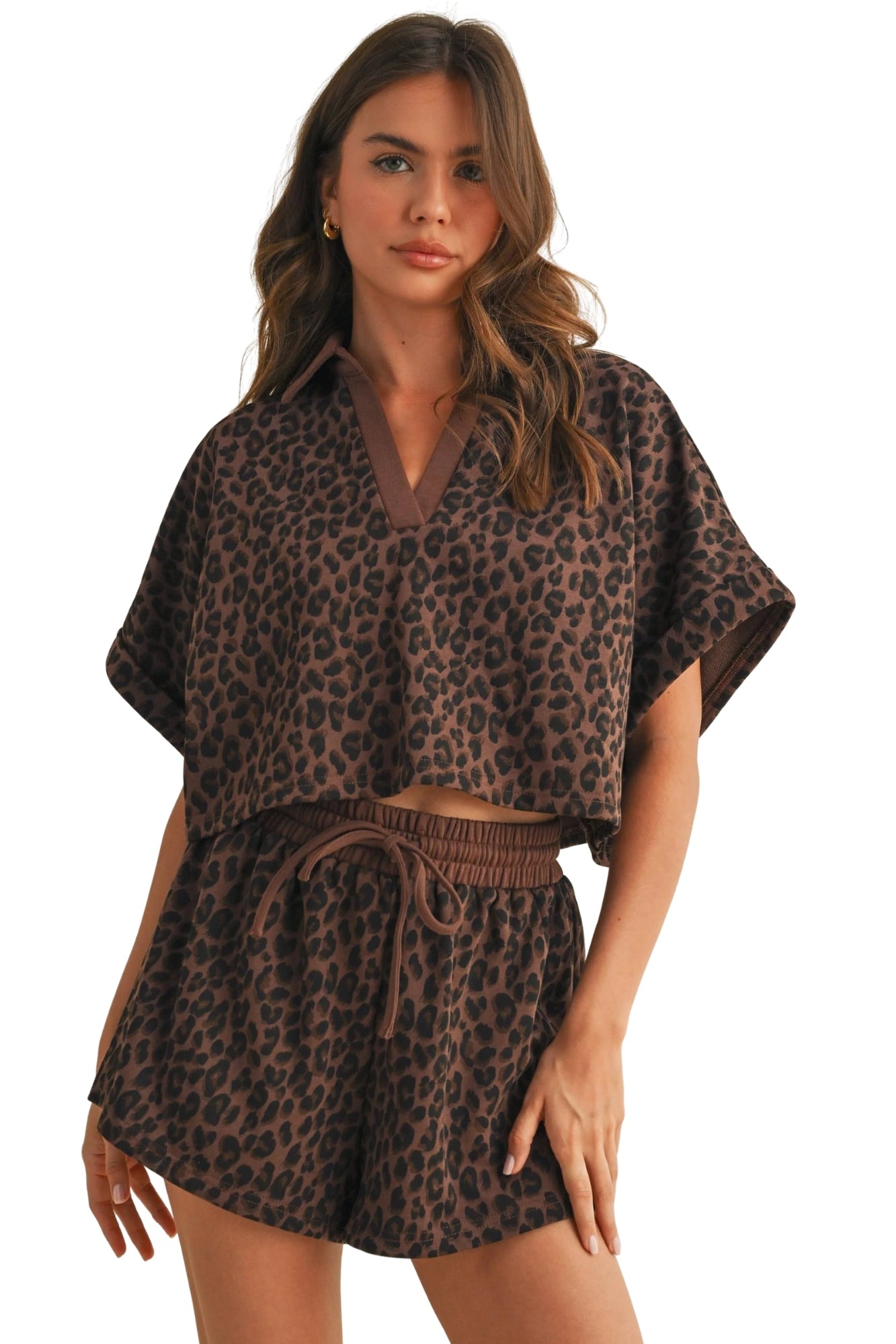 LEOPARD CROPPED BROWN SHORT SLEEVE SET
