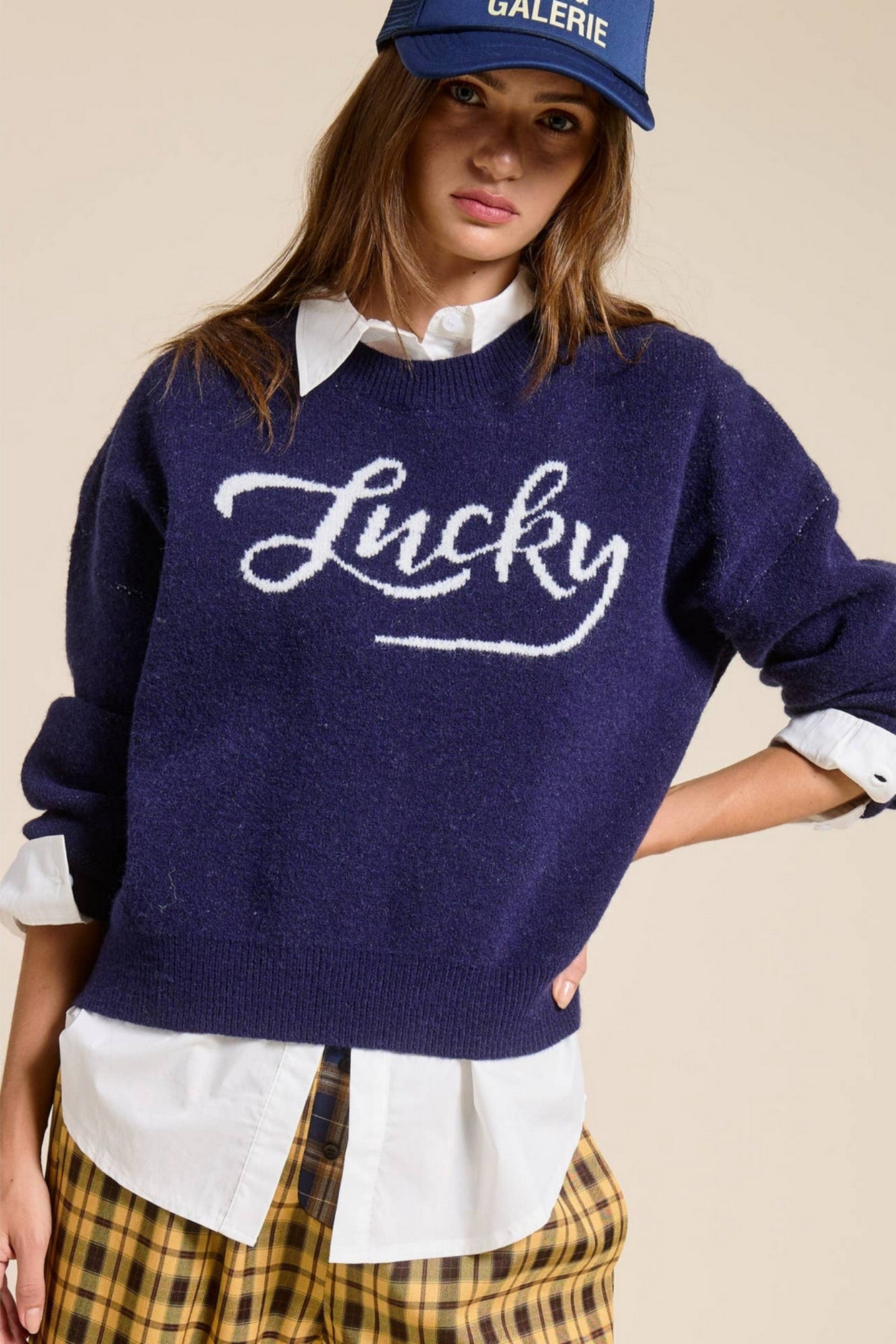 LUCKY GRAPHIC NAVY CREWNECK SWEATER