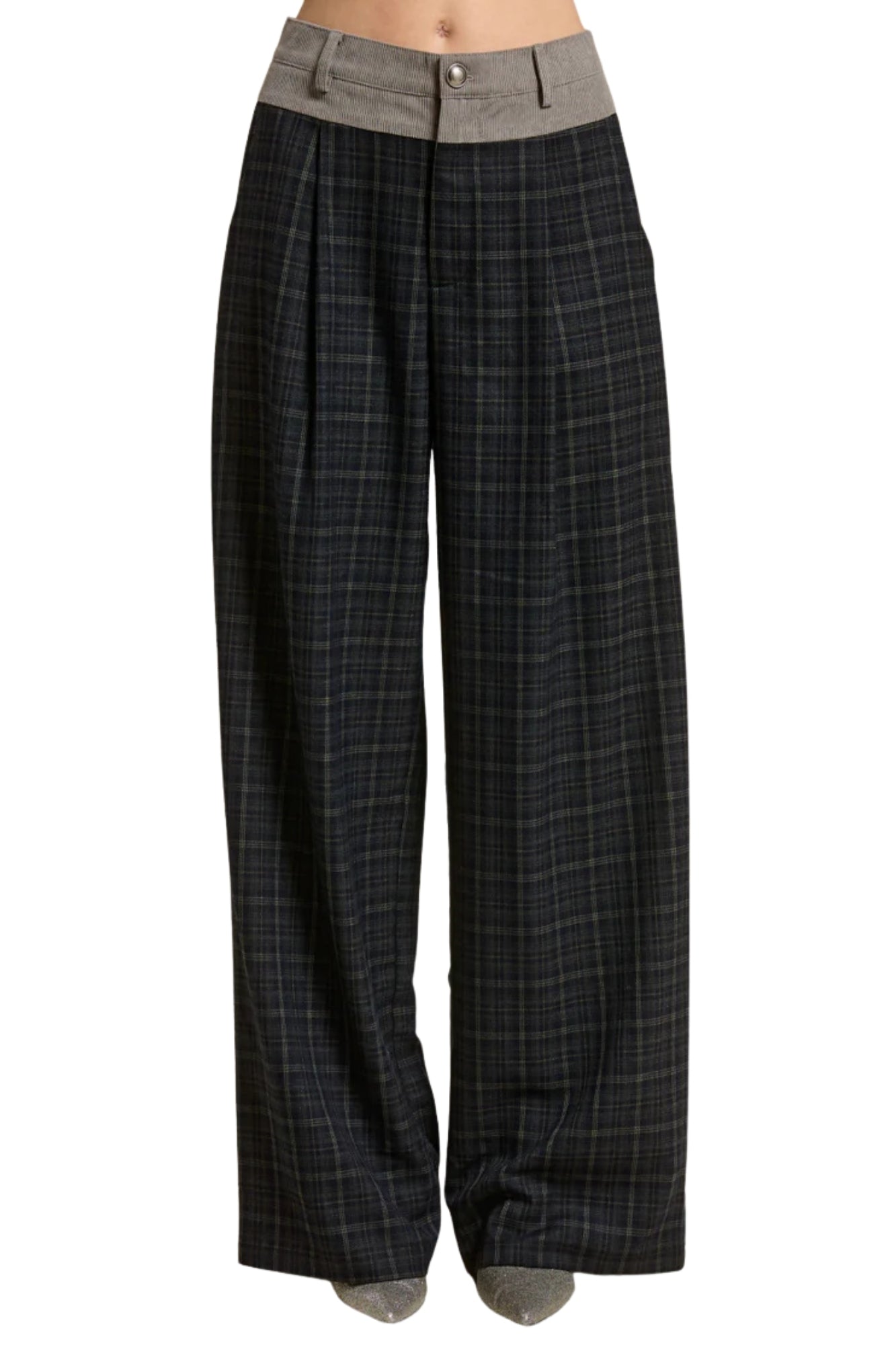 PLAID PLEATED NAVY TROUSERS WITH CORDUROY WAISBAND