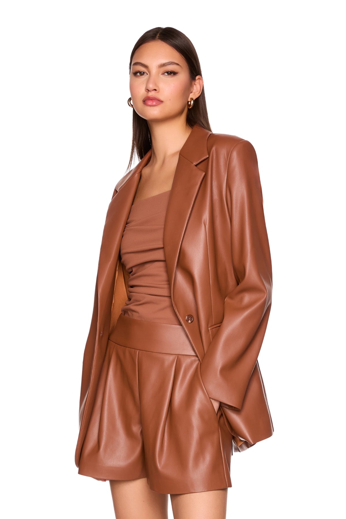 FAUX LEATHER BOYFRIEND BLAZER IN TOAST