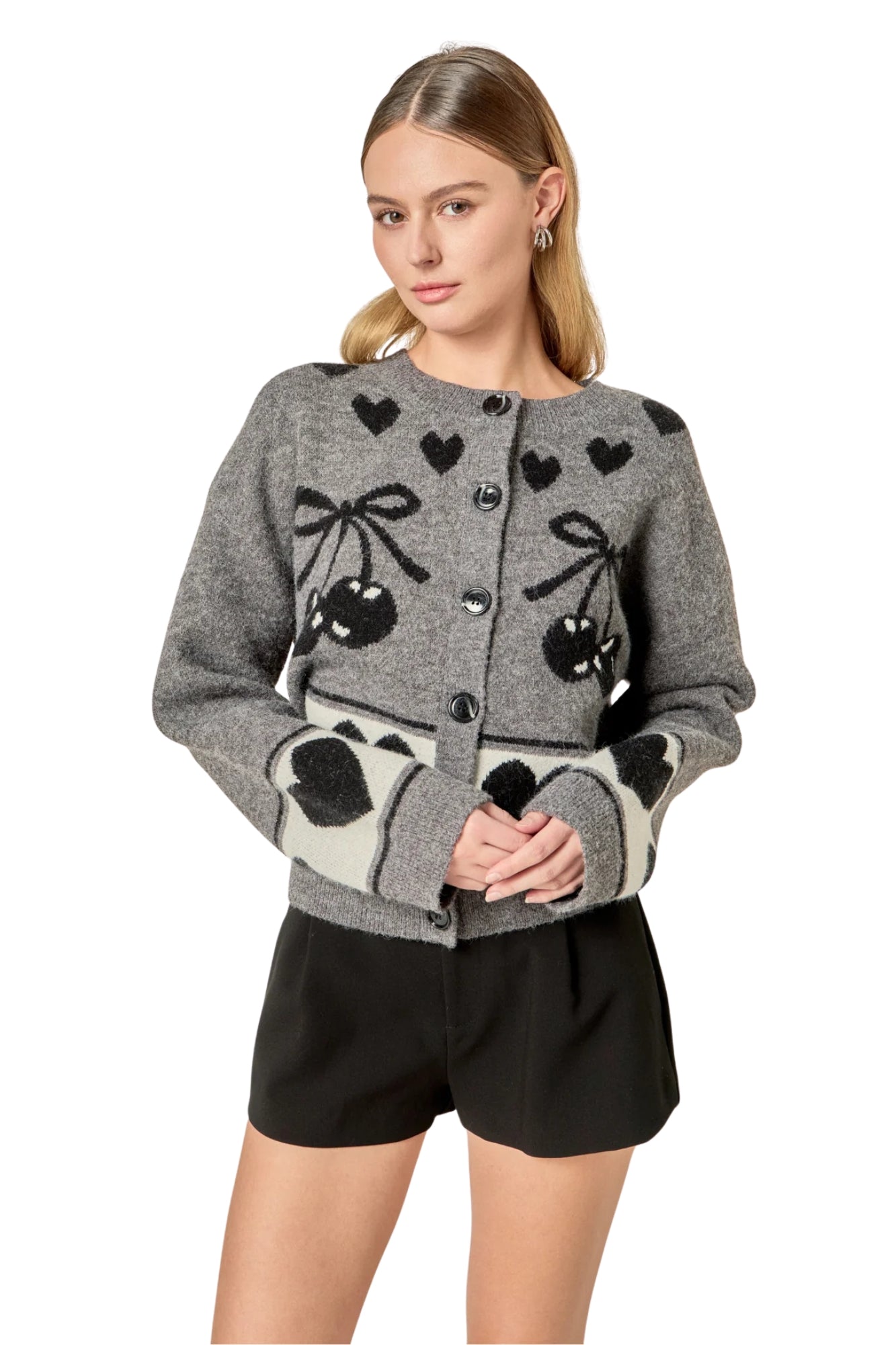 KNIT CARDIGAN WITH CHERRY HEART PATTERN