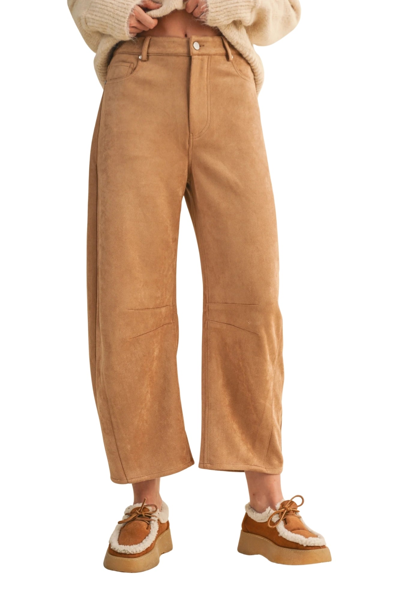 SUEDE BARREL TAUPE PANTS
