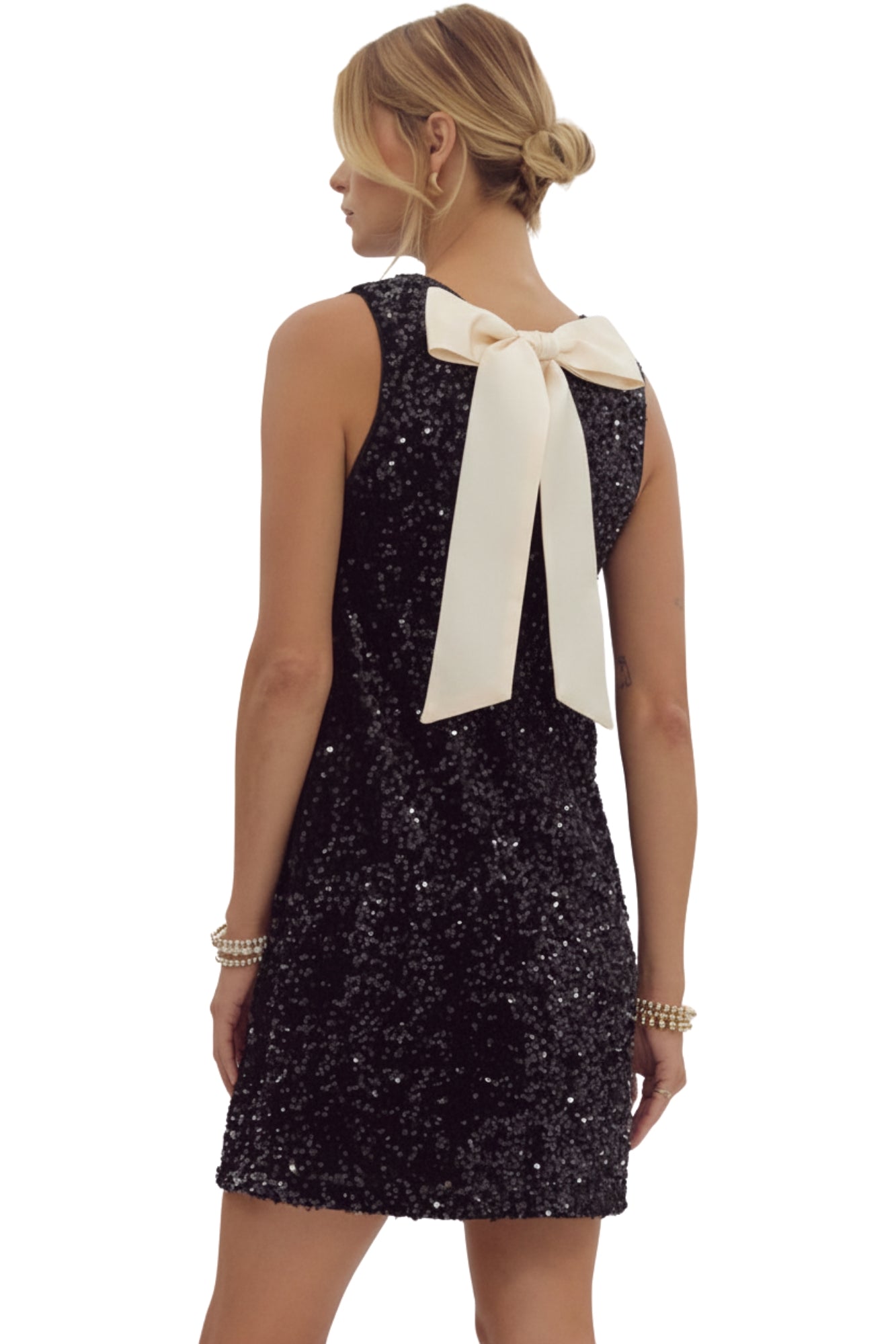 SEQUIN VELVET BLACK RIBON TIE MINI DRESS