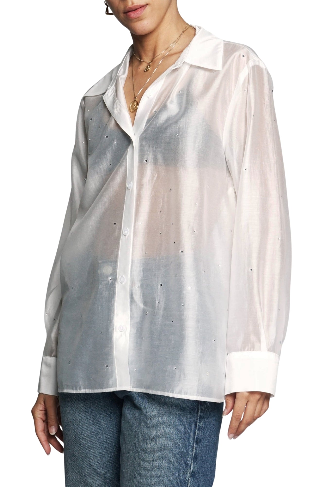 ALL OVER RHINESTONE OFF WHITE BUTTON DOWN SHIRT