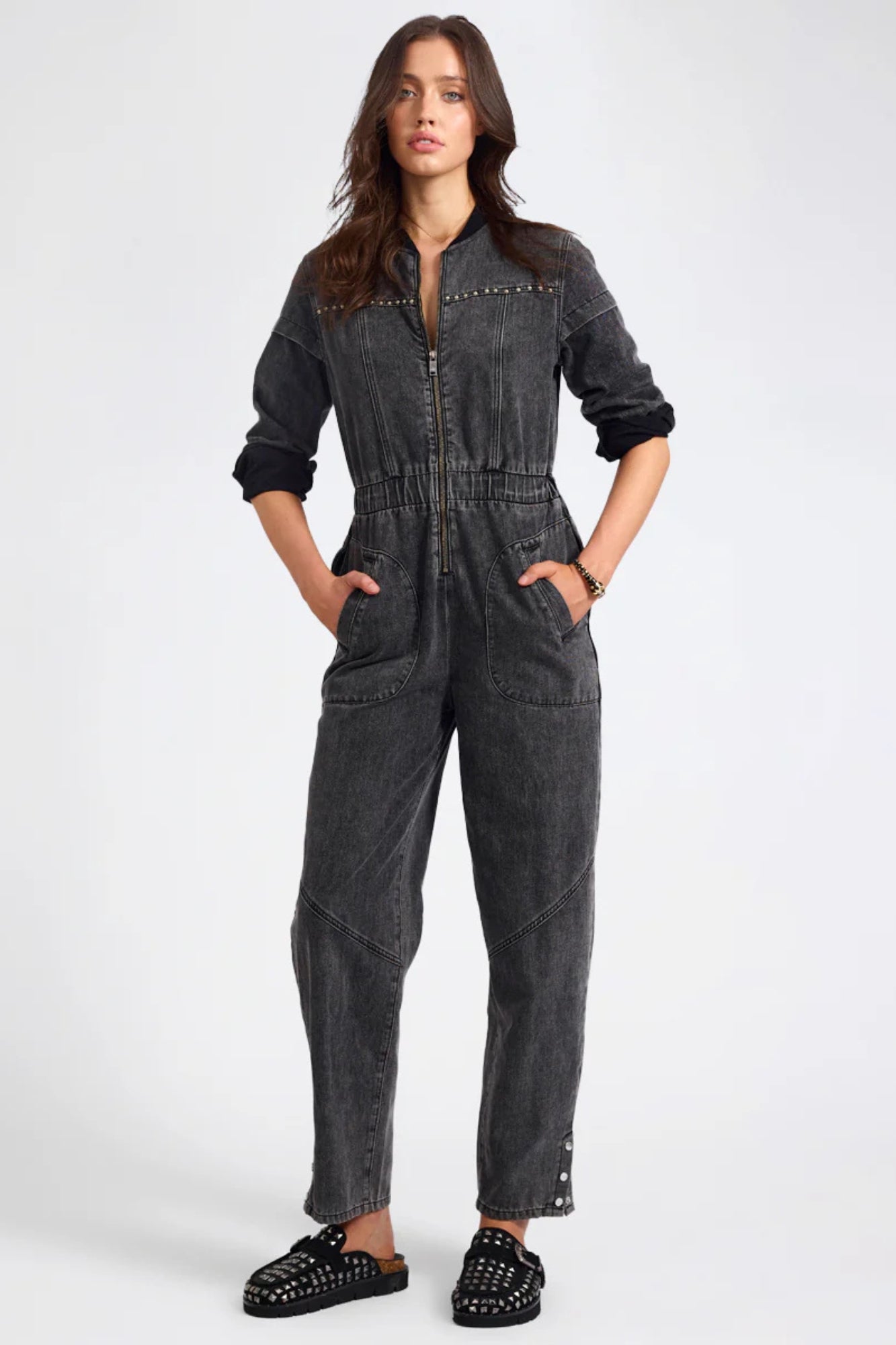 CALLIE AVIATOR LONGSLEEVE STUDDED DENIM JUMPSUIT