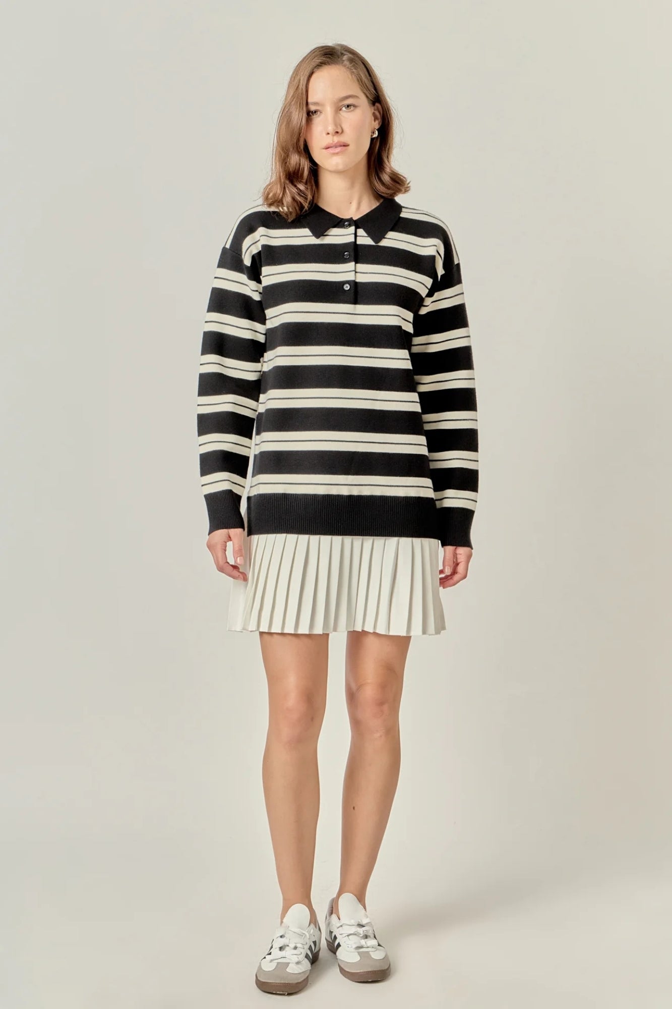 STRIPE POLO MIXED MEDIA MINI BLACK AND CREAM DRESS