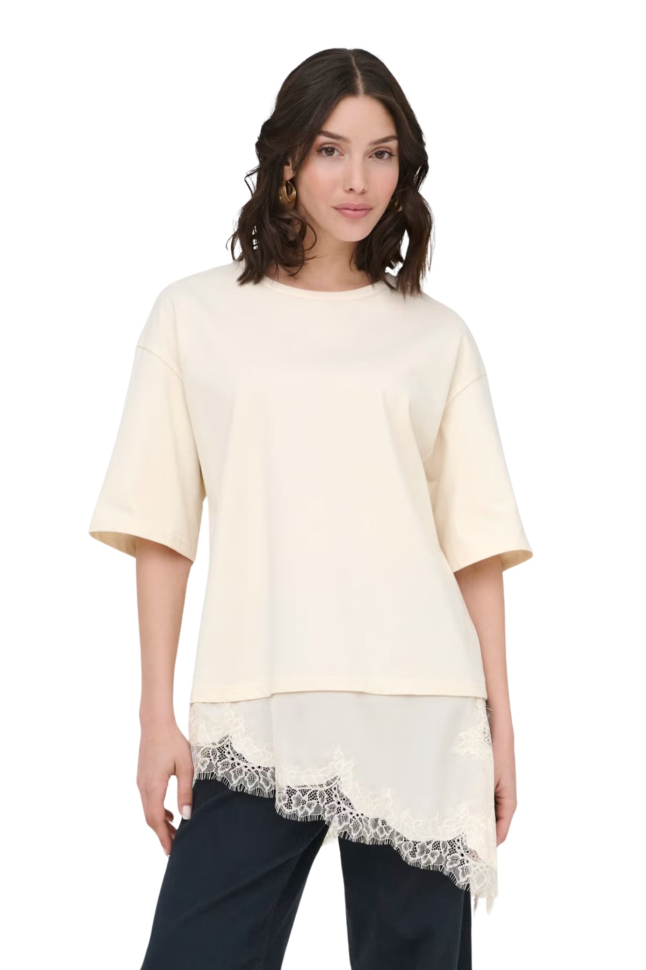 ASYMMETRICAL LACE-TRIM TEE IN BEIGE