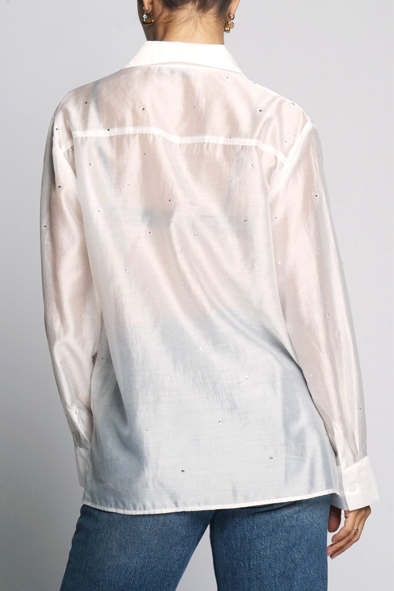 ALL OVER RHINESTONE OFF WHITE BUTTON DOWN SHIRT