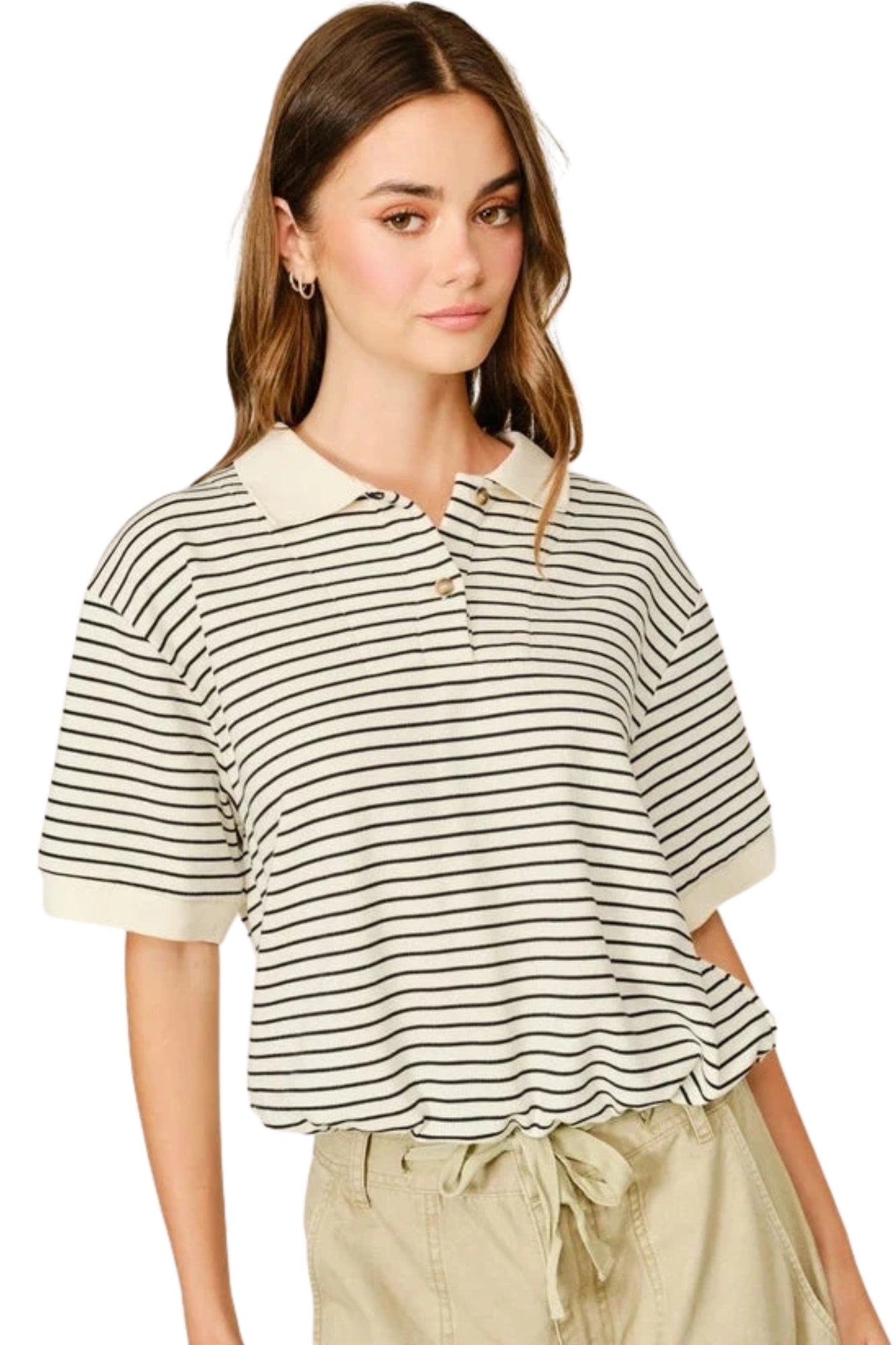 STRIPE POLO SWEATSHIRT WITH DRAWSTRING HEM