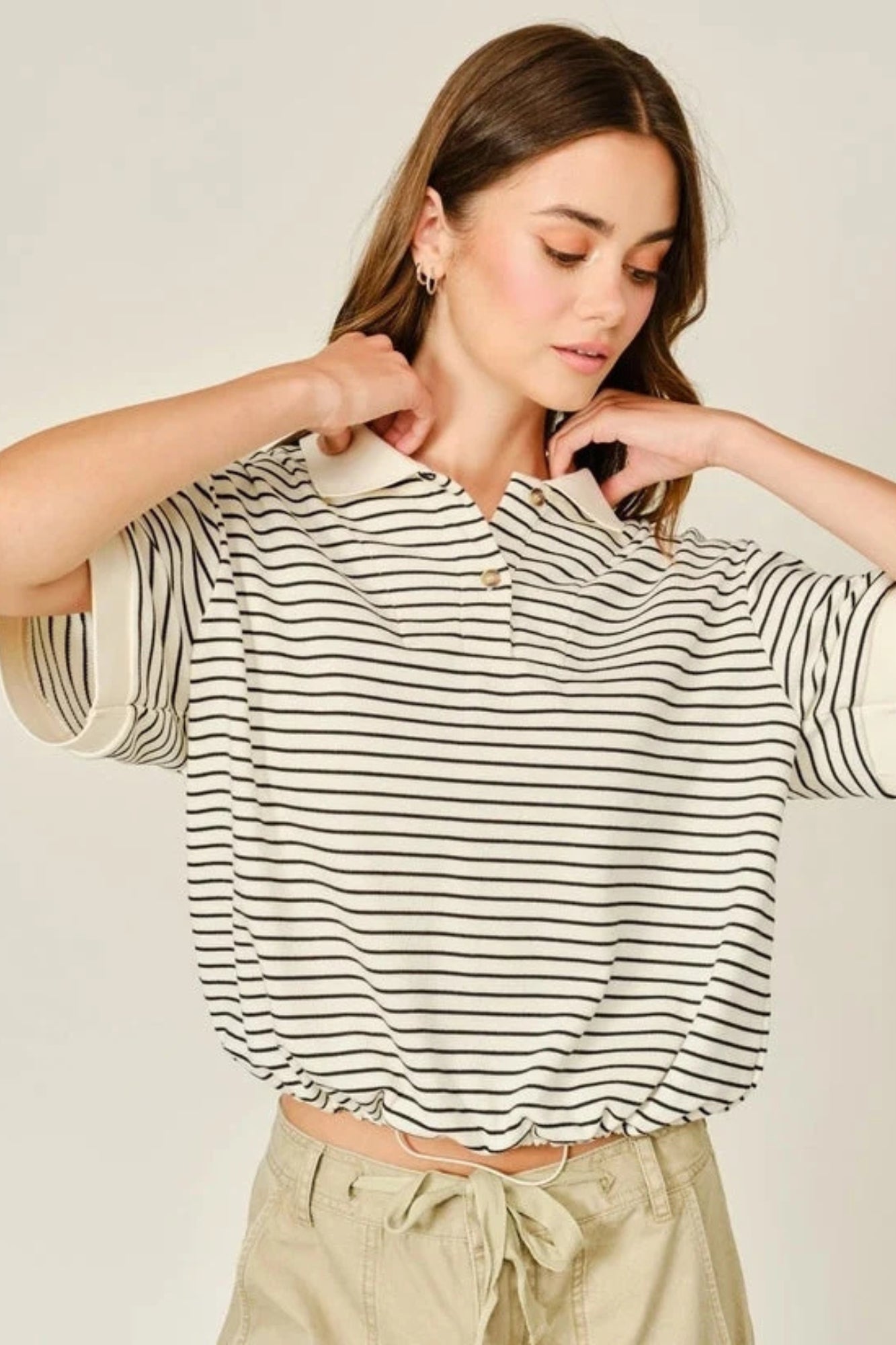 STRIPE POLO SWEATSHIRT WITH DRAWSTRING HEM