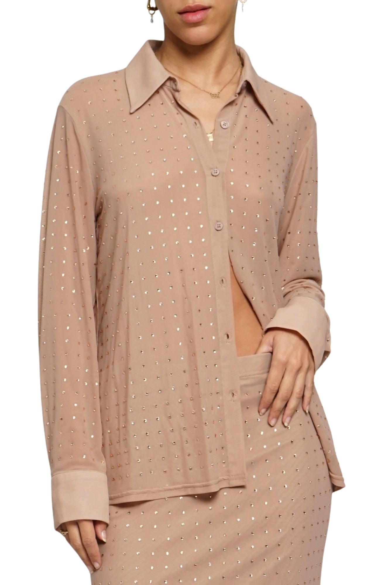 RHINESTONE NUDE BUTTON DOWN SHIRT