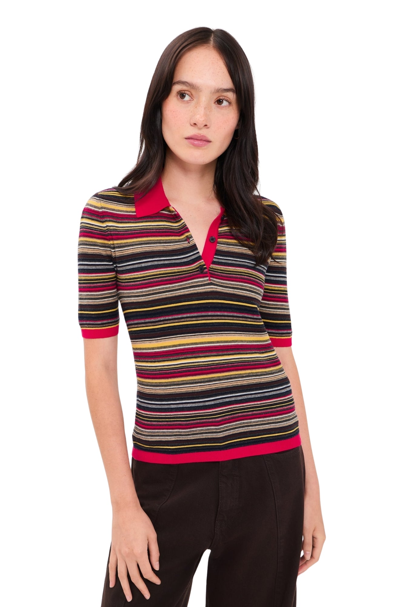 ASHLEE SHORT SLEEVE POLO SWEATER IN NEGRONI STRIPE