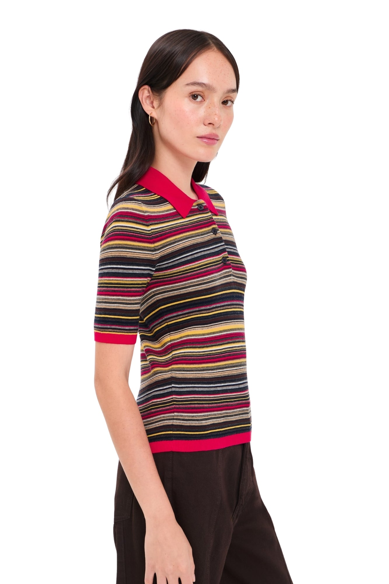 ASHLEE SHORT SLEEVE POLO SWEATER IN NEGRONI STRIPE