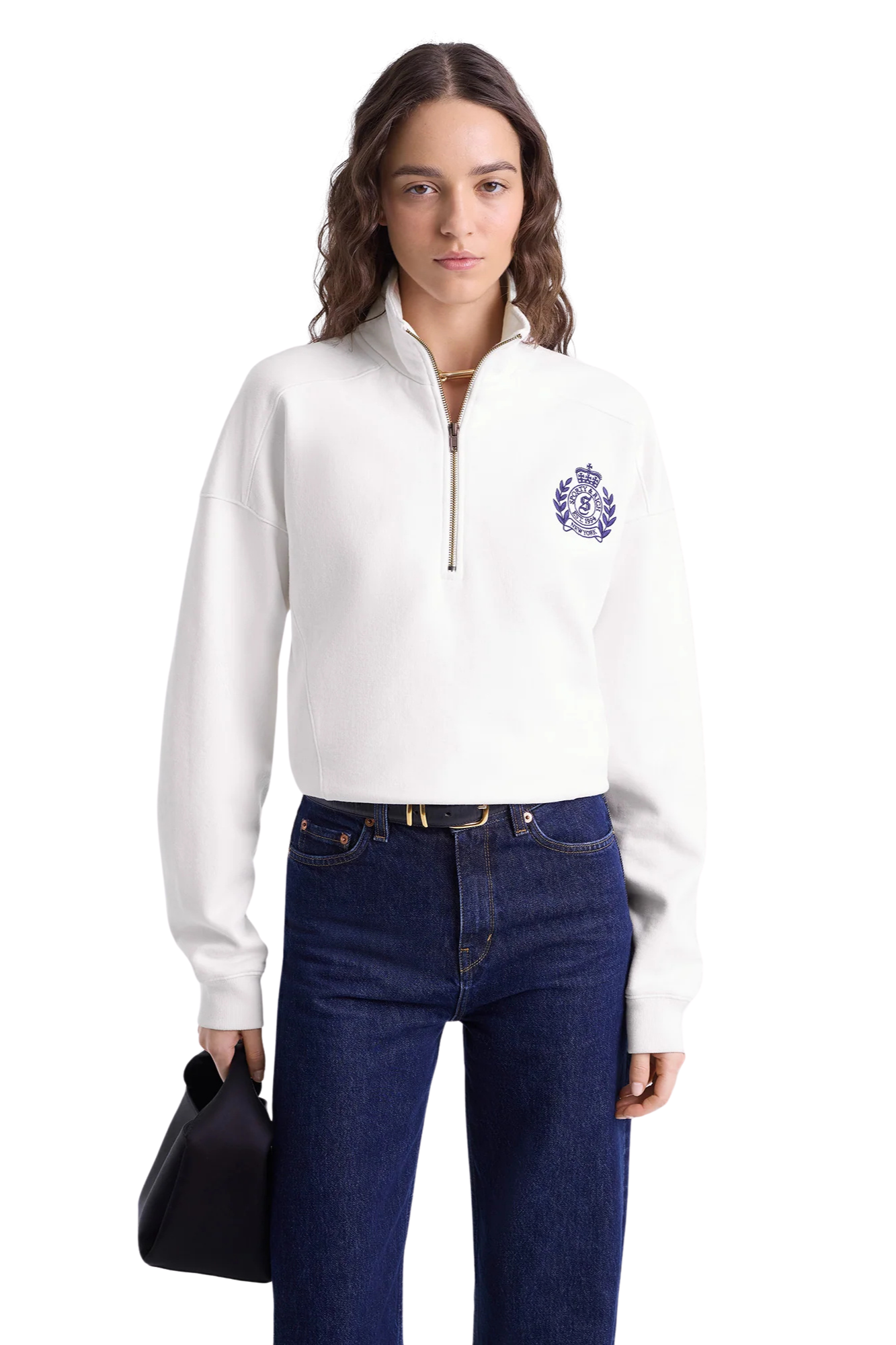 H&W CREST EMBROIDERED QUARTER WHITE ZIP