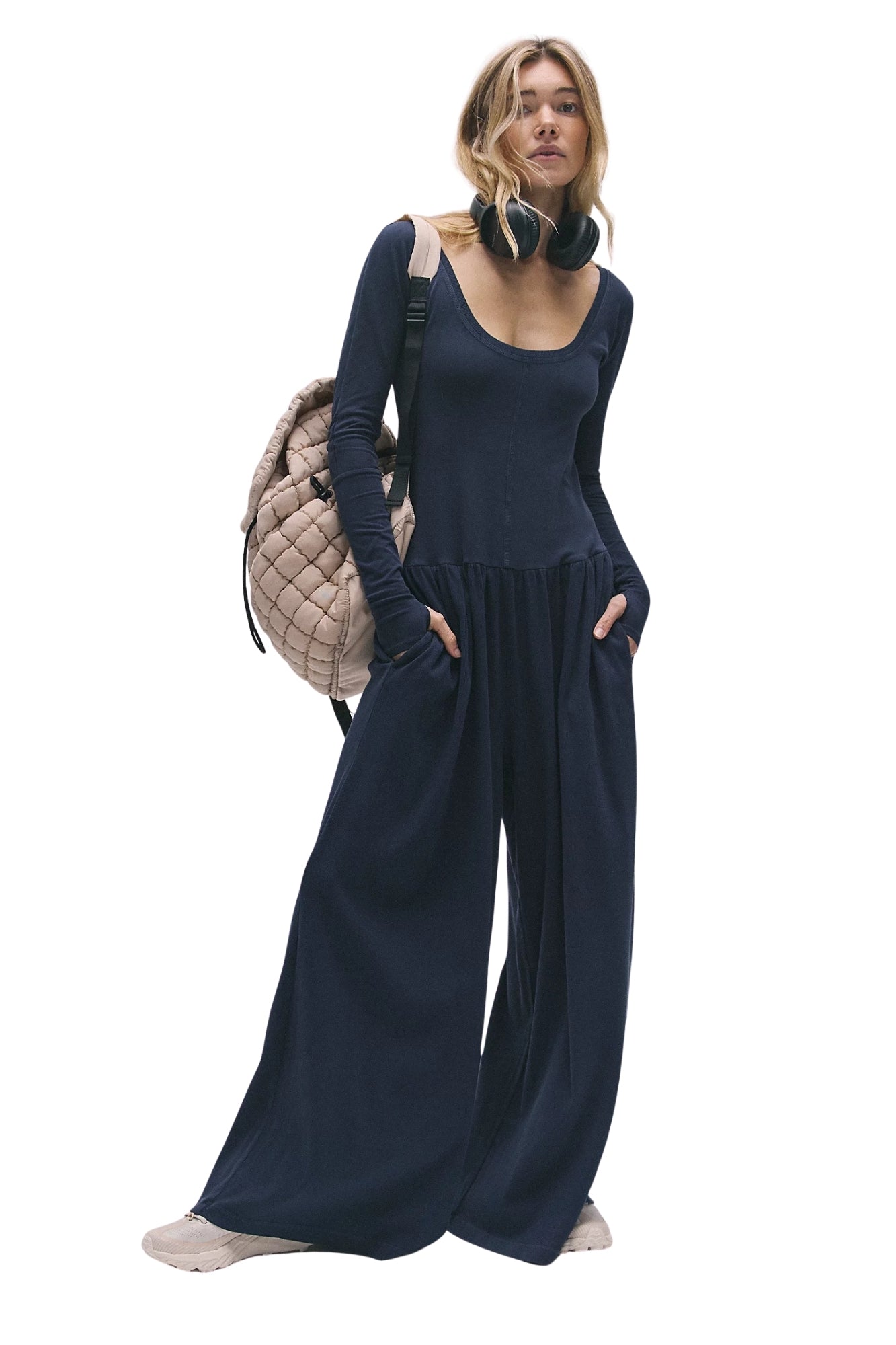 HOT SHOT WIDE LEG ONESIE IN MIGNIGHT NAVY