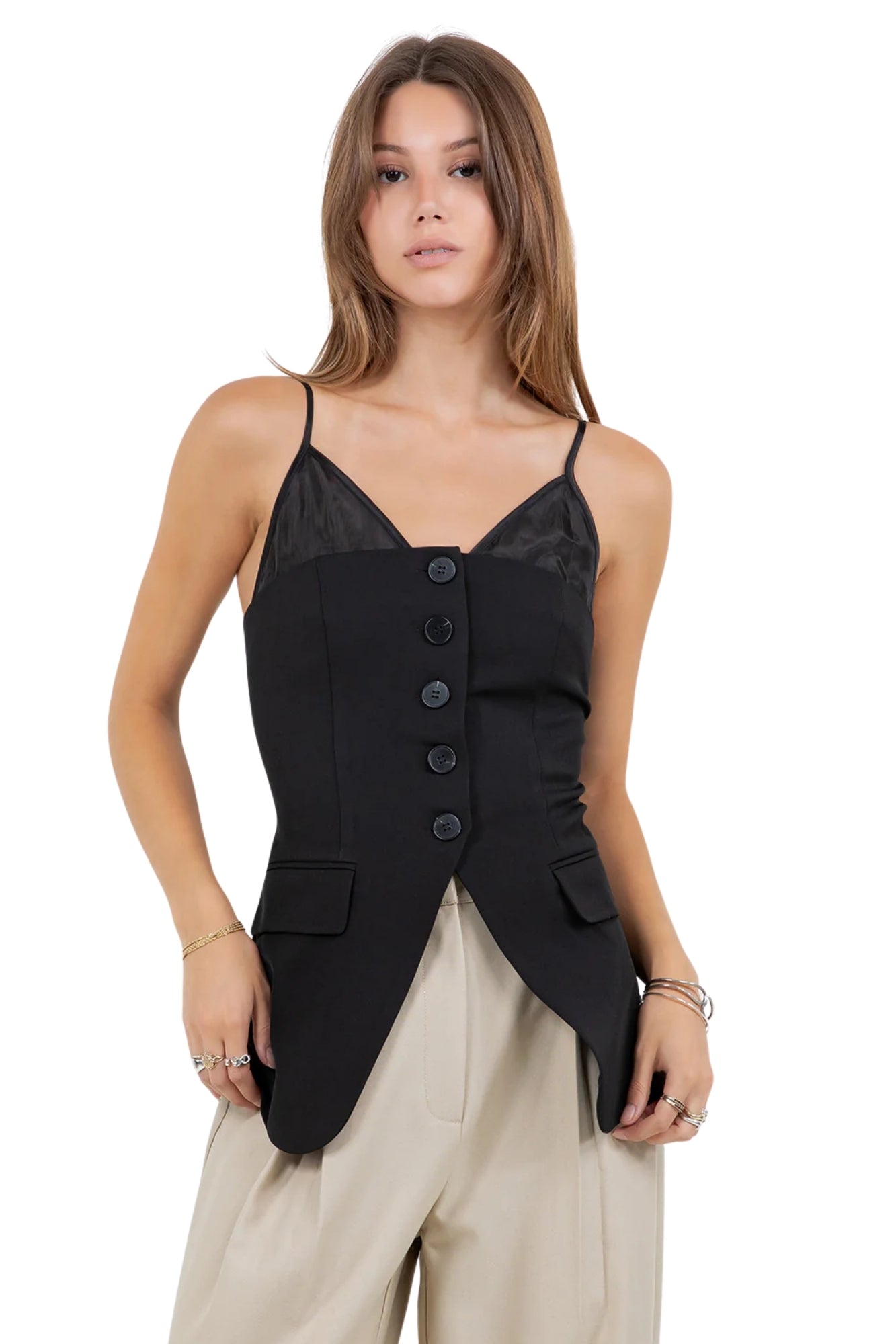 CONTRAST SOFT WOVEN BLACK BUTTON DOWN VEST TOP