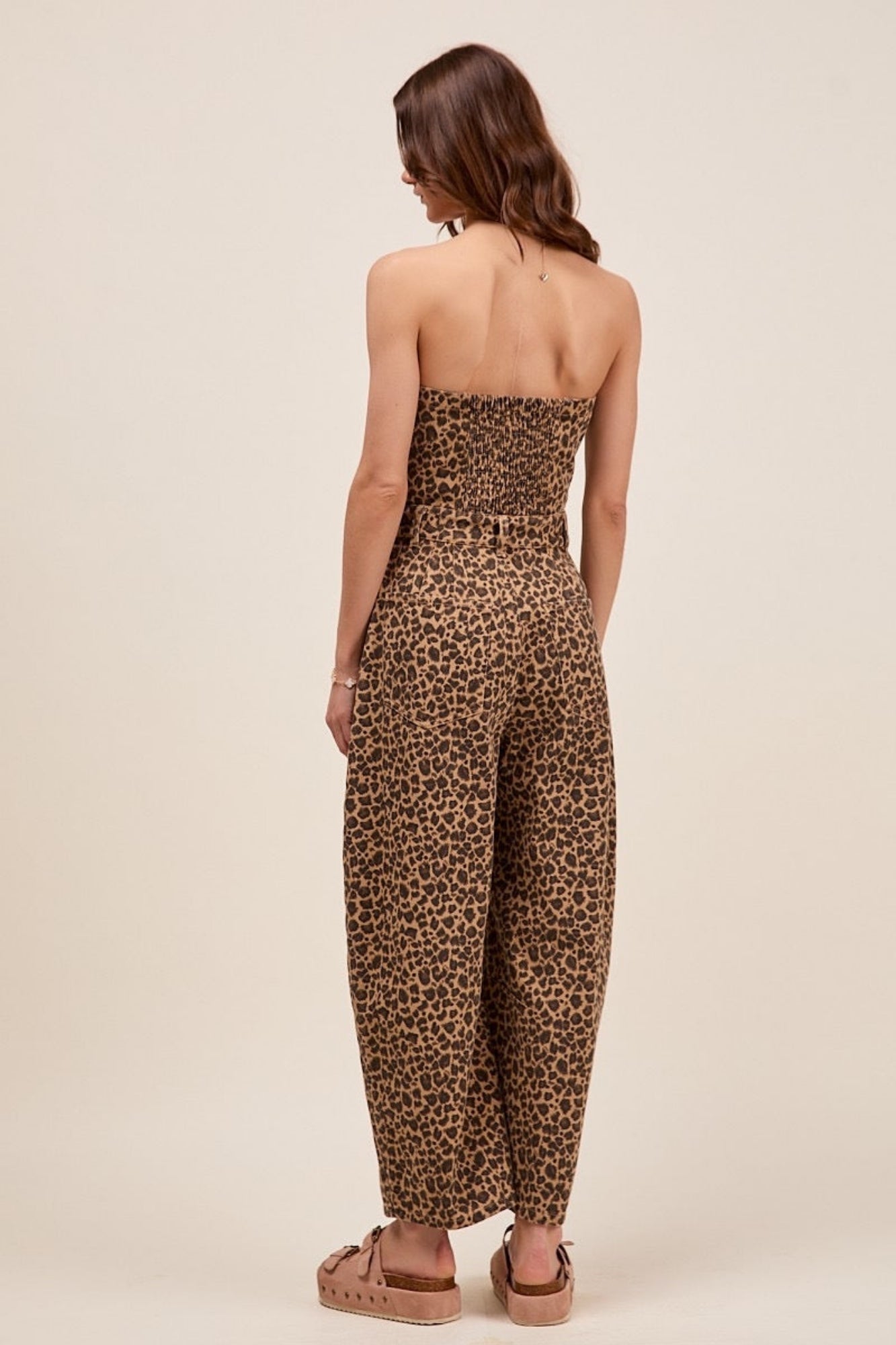 STRAPLESS LEOPARD BARREL TWILL DENIM JUMPSUIT
