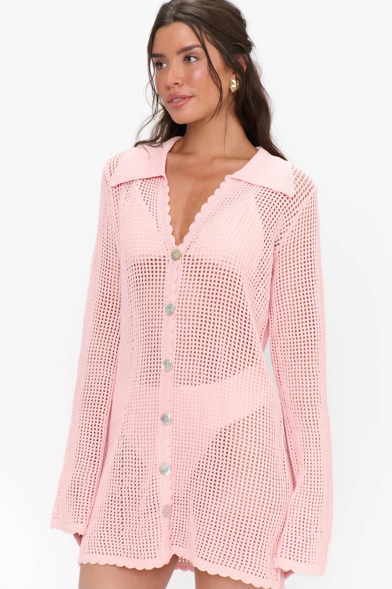 BUTTON UP COVERUP PEACHY PINK CROCHET