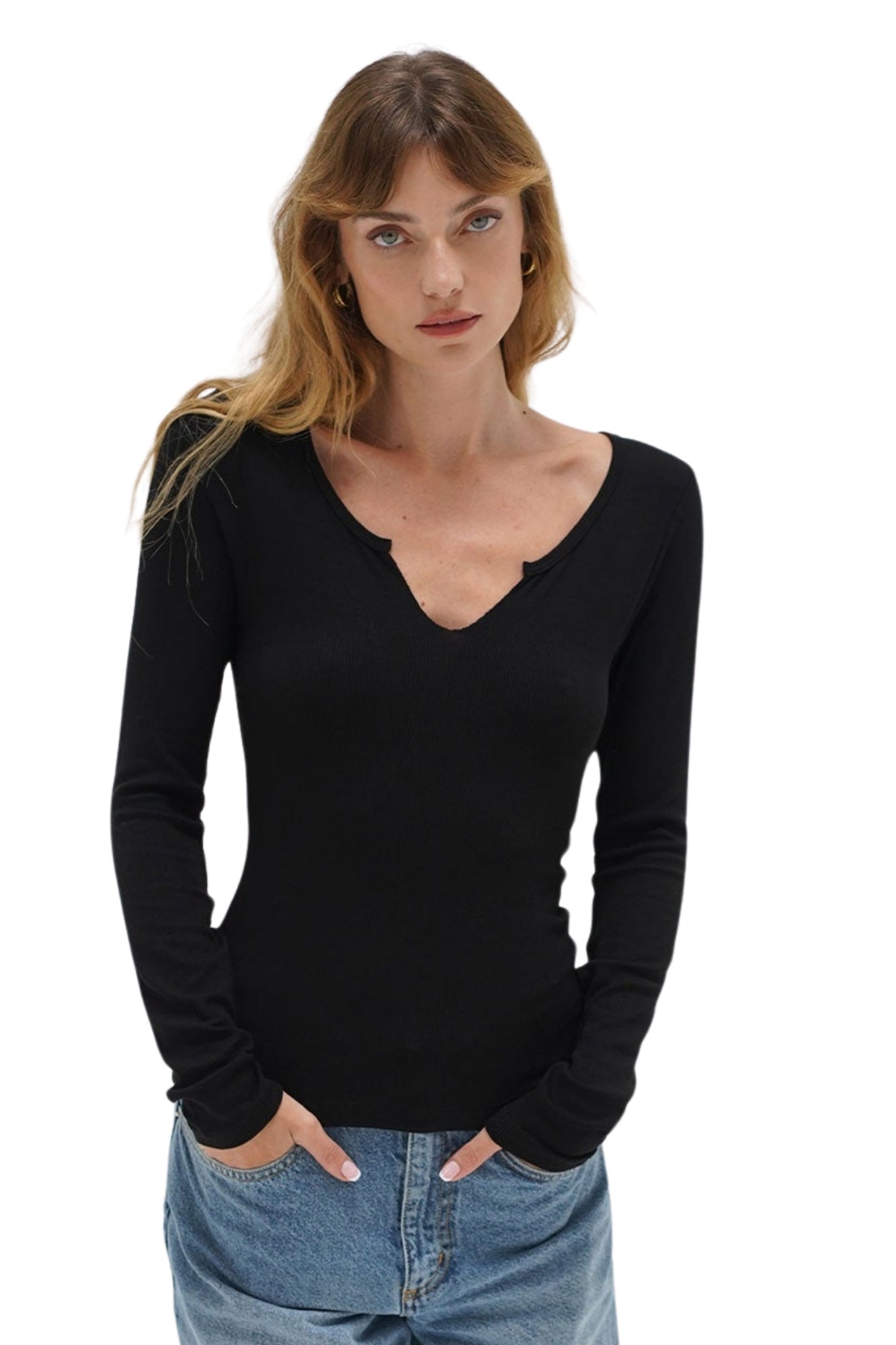 EMORY NOTCH BLACK RIBBED LONG SLEEVE