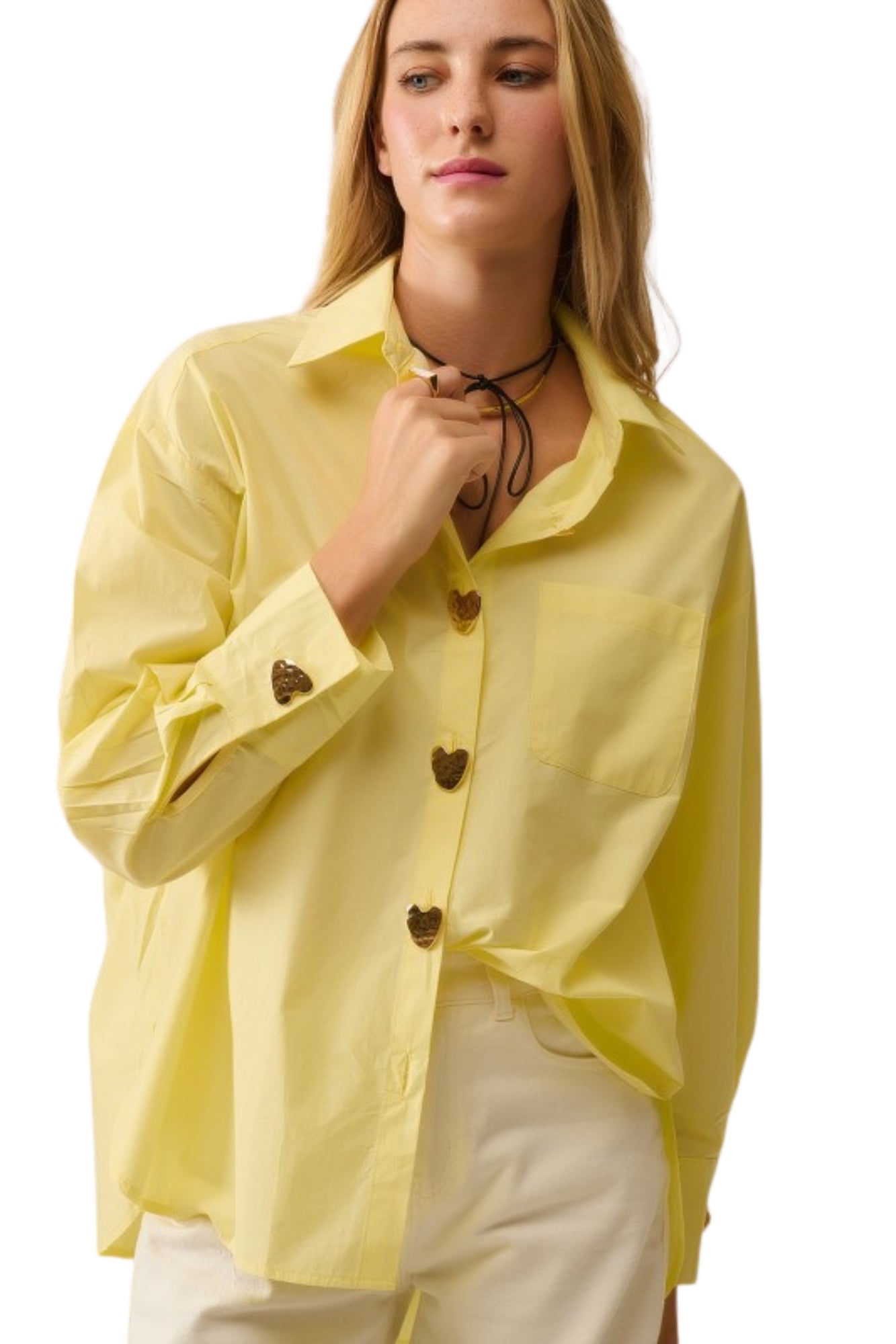 POPLIN SHIRT WITH GOLD HEART BUTTONS IN YELLOW