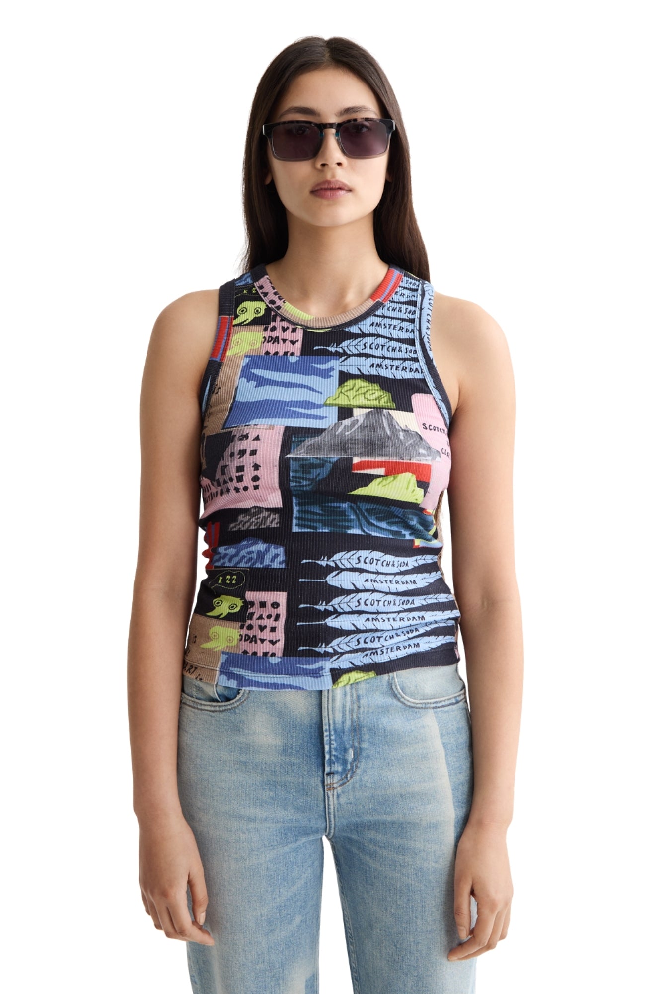 ALL OVER PRINTED RIB ART DEPT COLLAGE RACER TANK