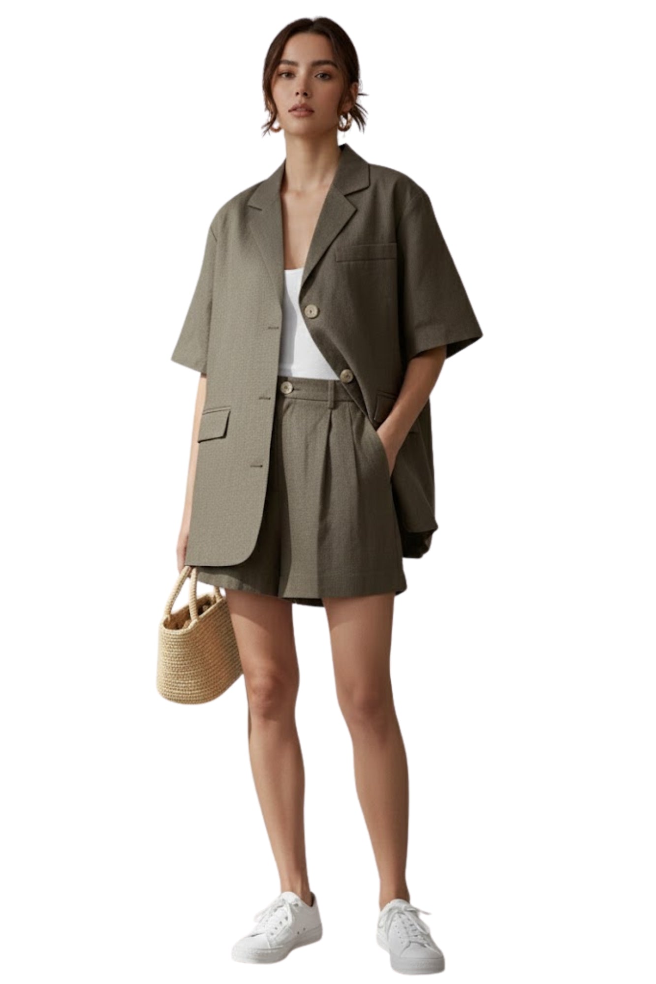 SLEEVED BLAZER AND BERMUDA OLIVE BROWN SET