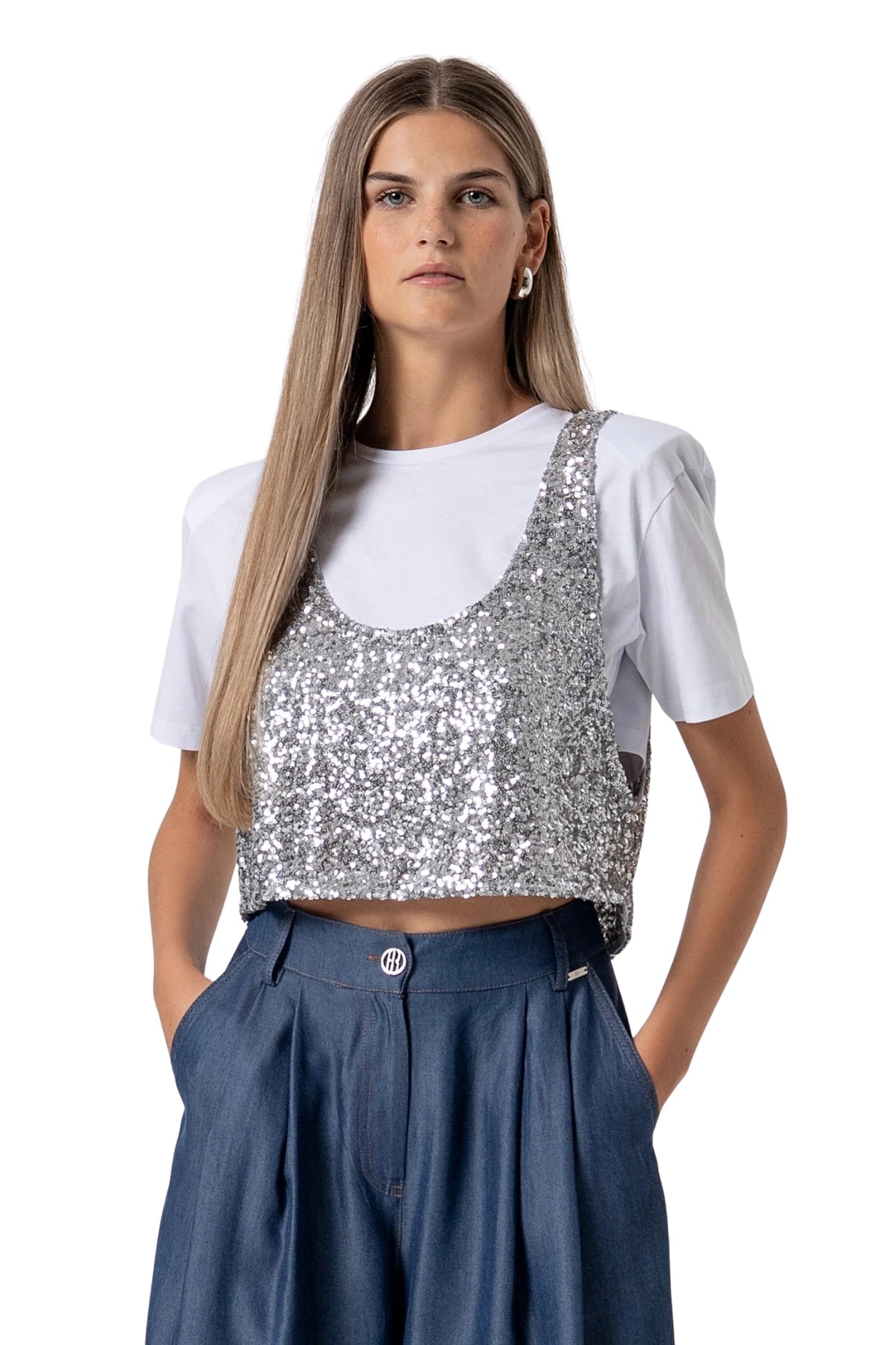 T-SHIRT CROPPED WITH UNDERSHIRT MADE IN SEQUINS