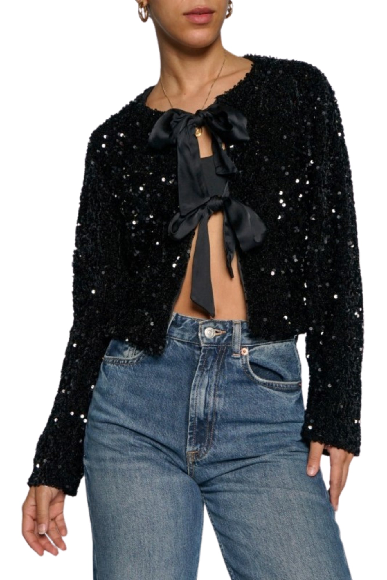 SEQUIN BOW TIE FRONT BLACK JACKET