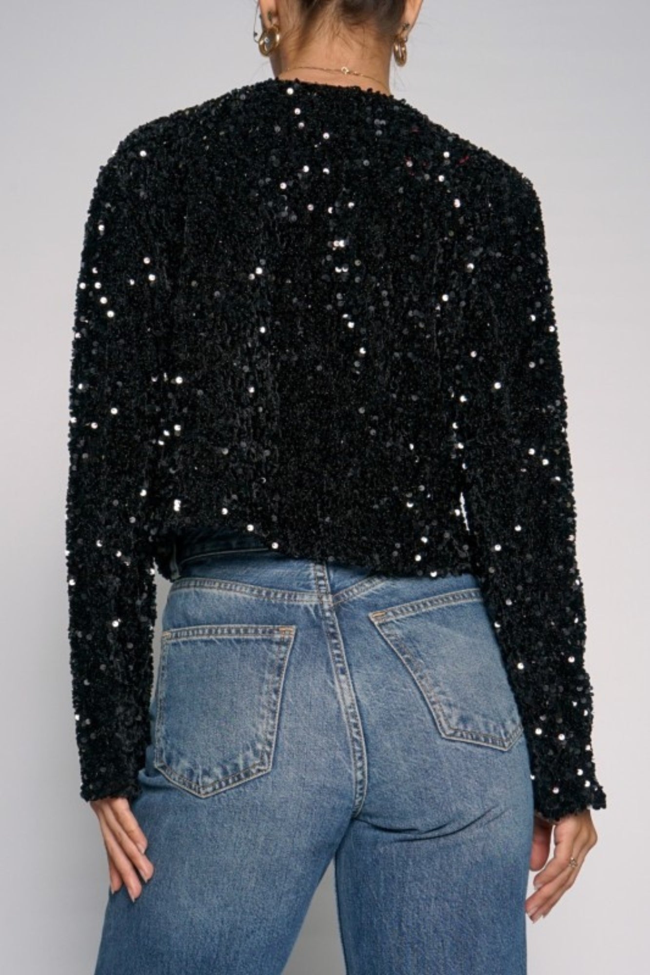 SEQUIN BOW TIE FRONT BLACK JACKET