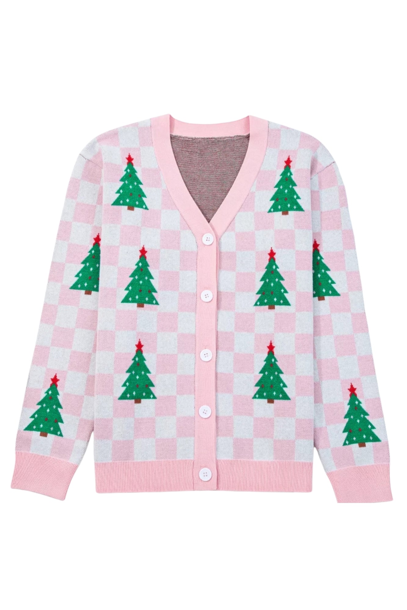 CHECKERED CHRISTMAS TREE PATTERN PINK SWEATER CARDIGAN