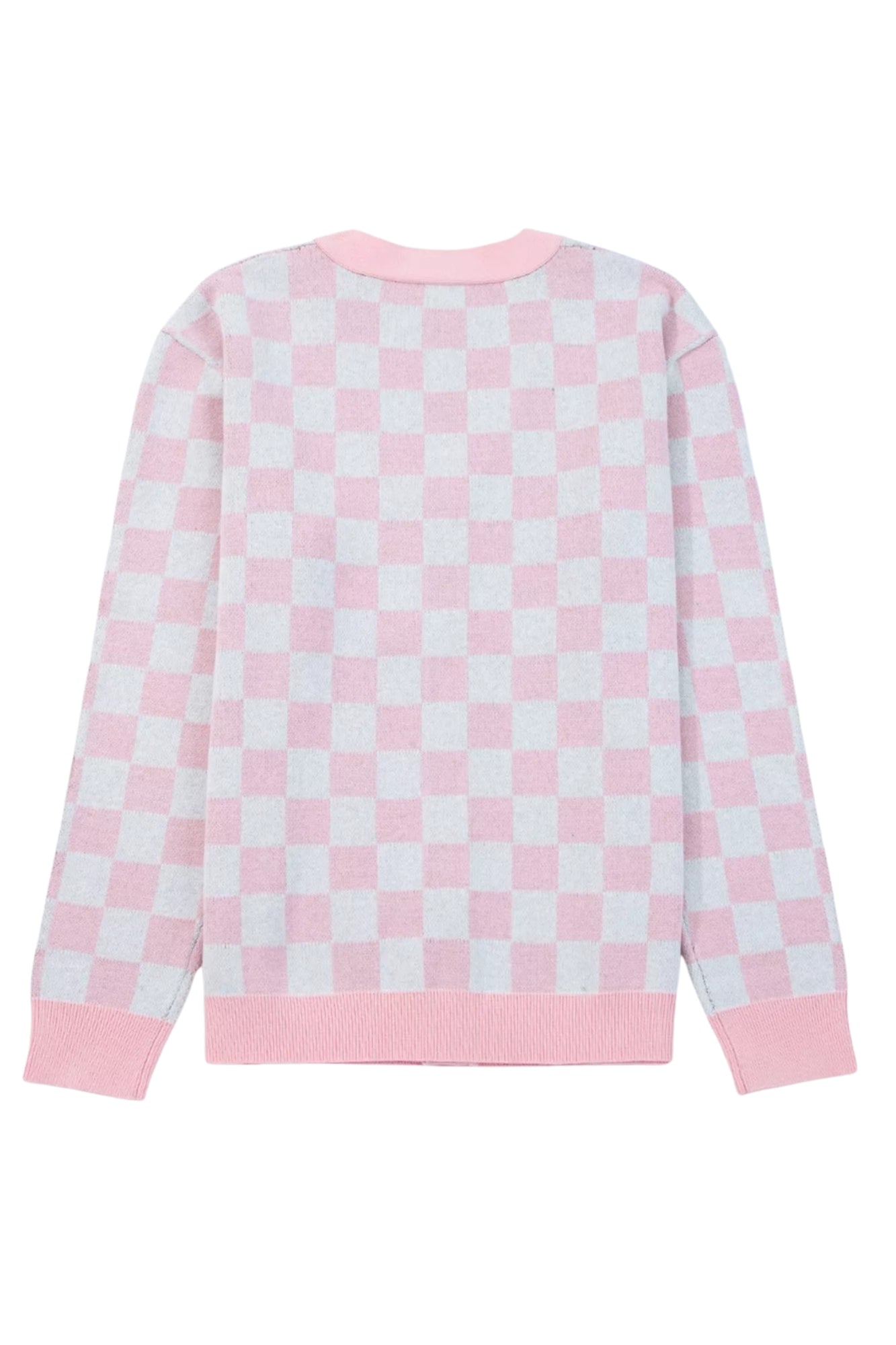 CHECKERED CHRISTMAS TREE PATTERN PINK SWEATER CARDIGAN
